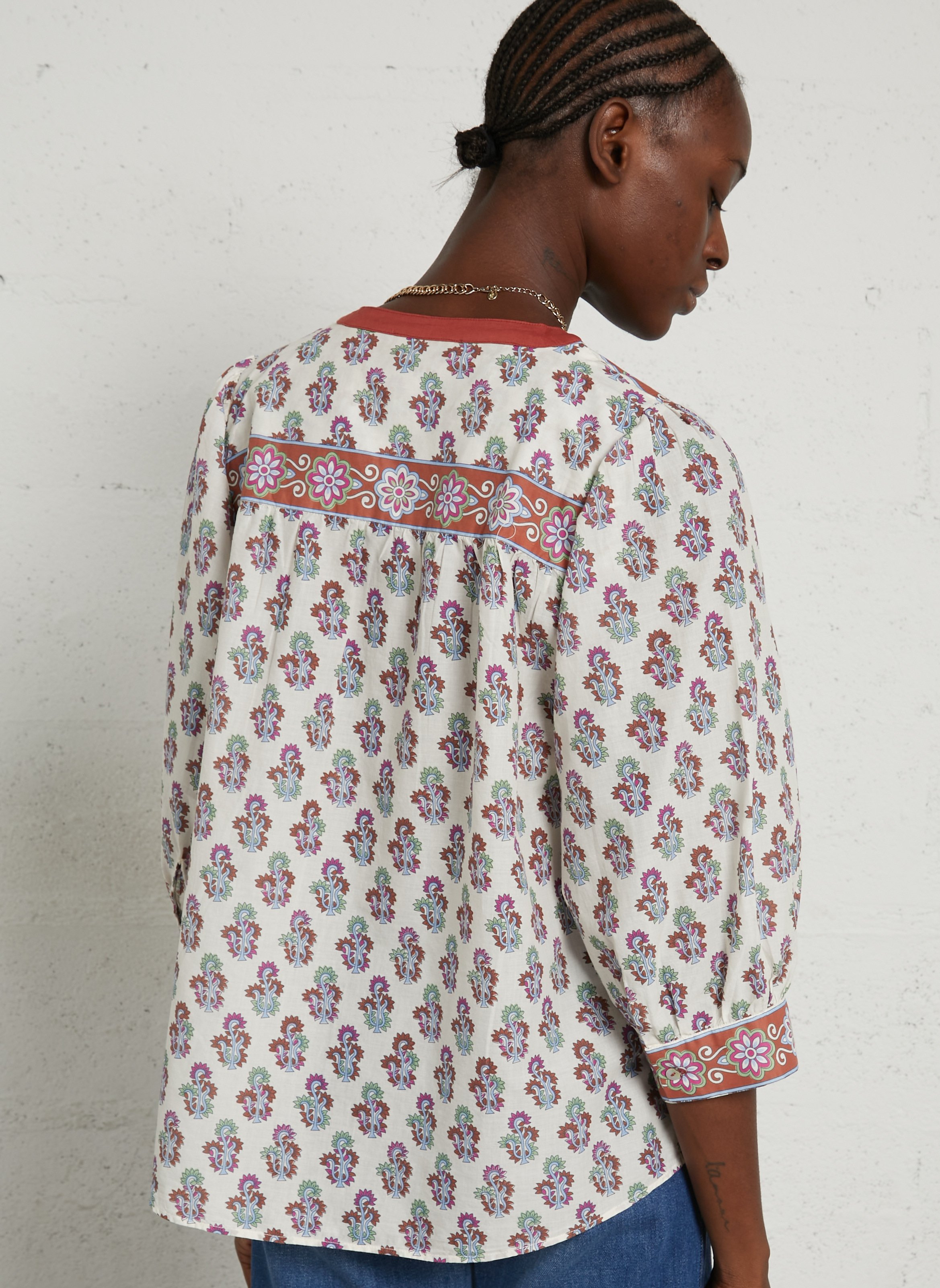 Rechte, katoenen blouse met ronde hals en print SUD EXPRESS Oranje