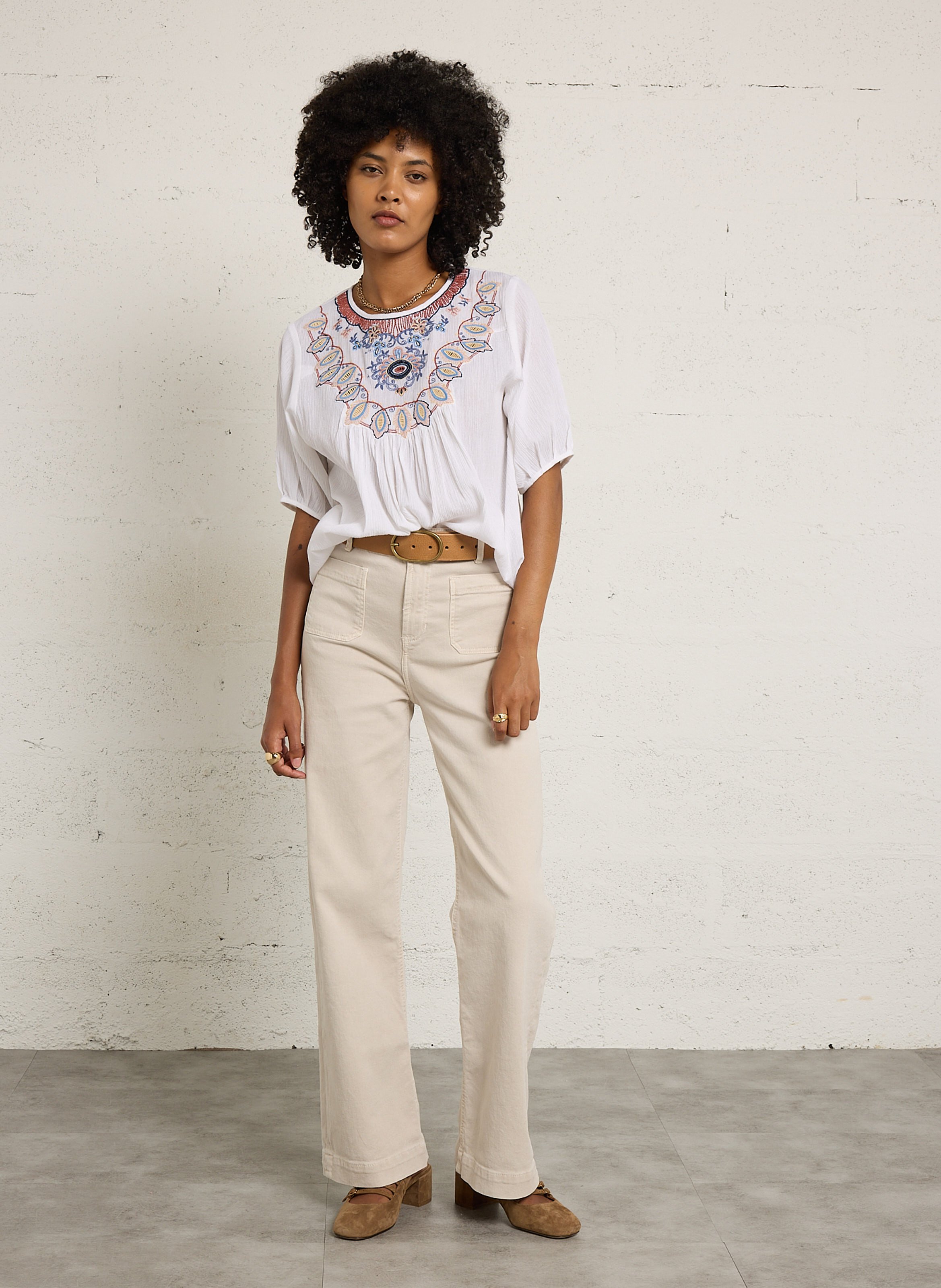 Blouse oversize col rond brodé SUD EXPRESS Blanc