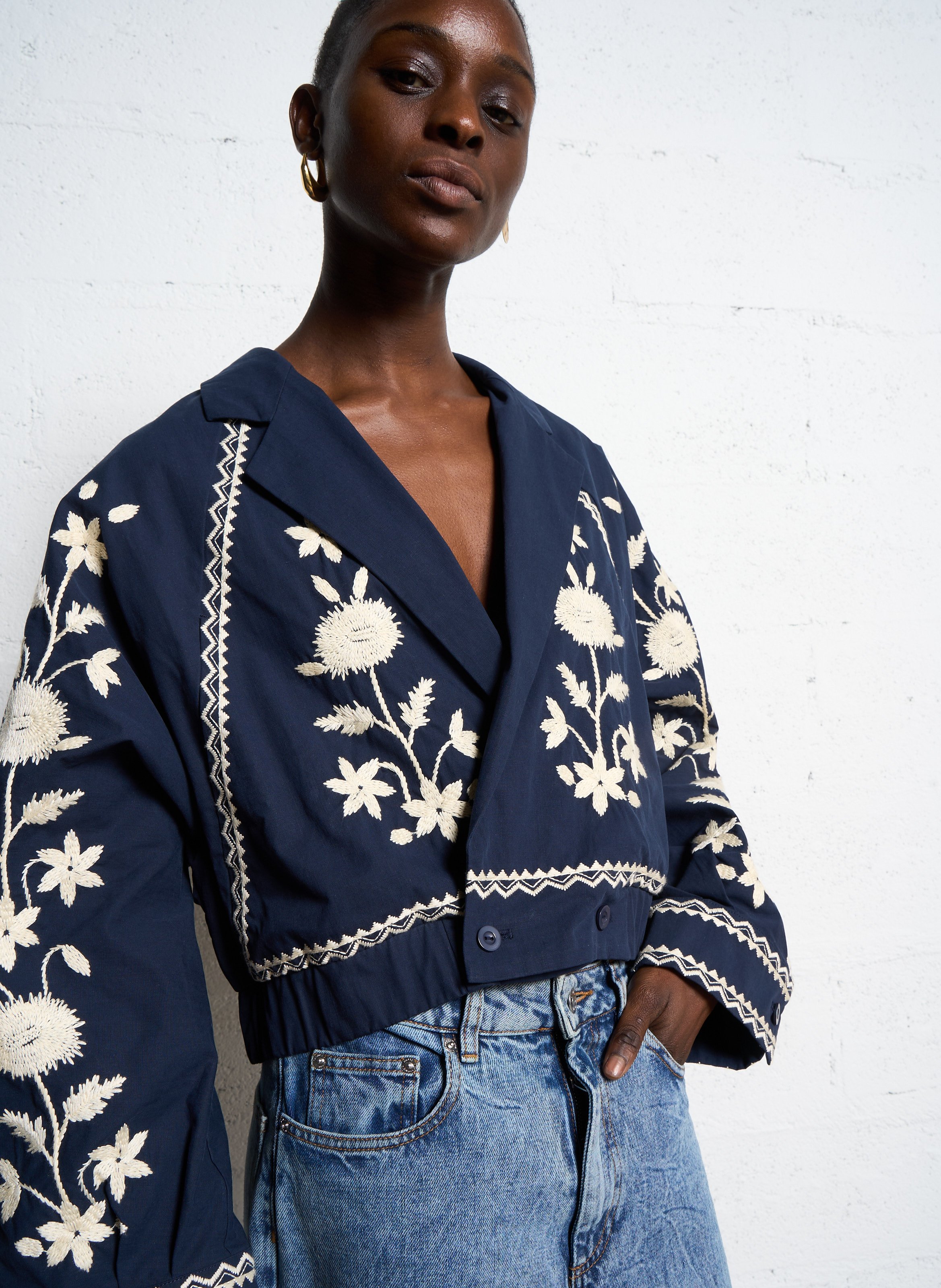 Veste col tailleur brodée ANTIK BATIK Bleu