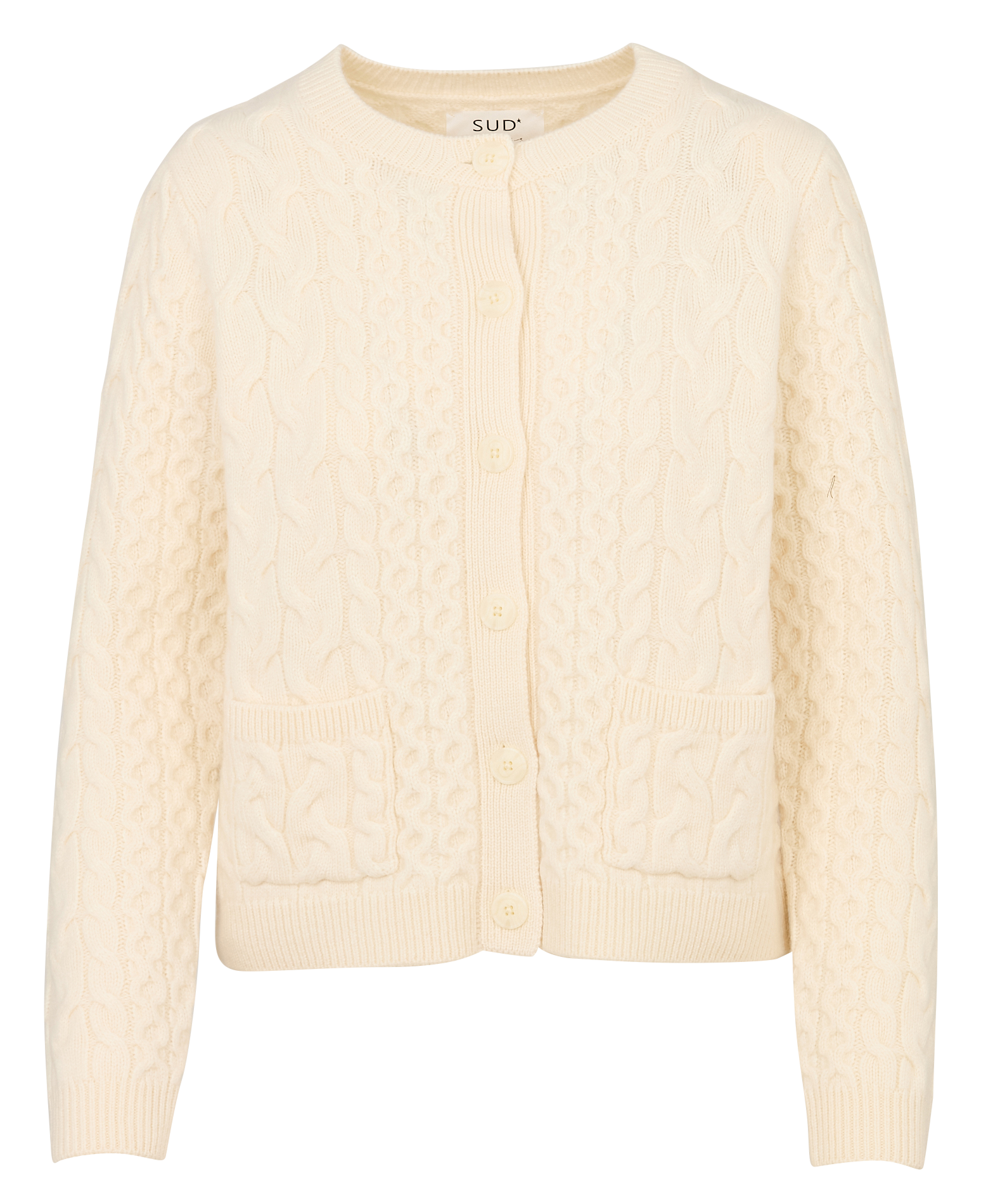 Gilet droit col rond en laine torsadée SUD EXPRESS Blanc