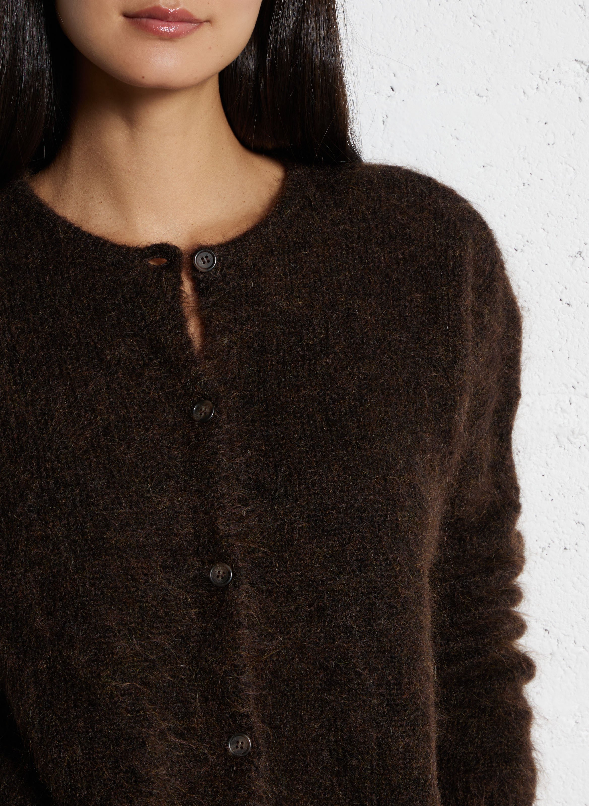 Round-neck mixed-knit cardigan DES PETITS HAUTS Brown