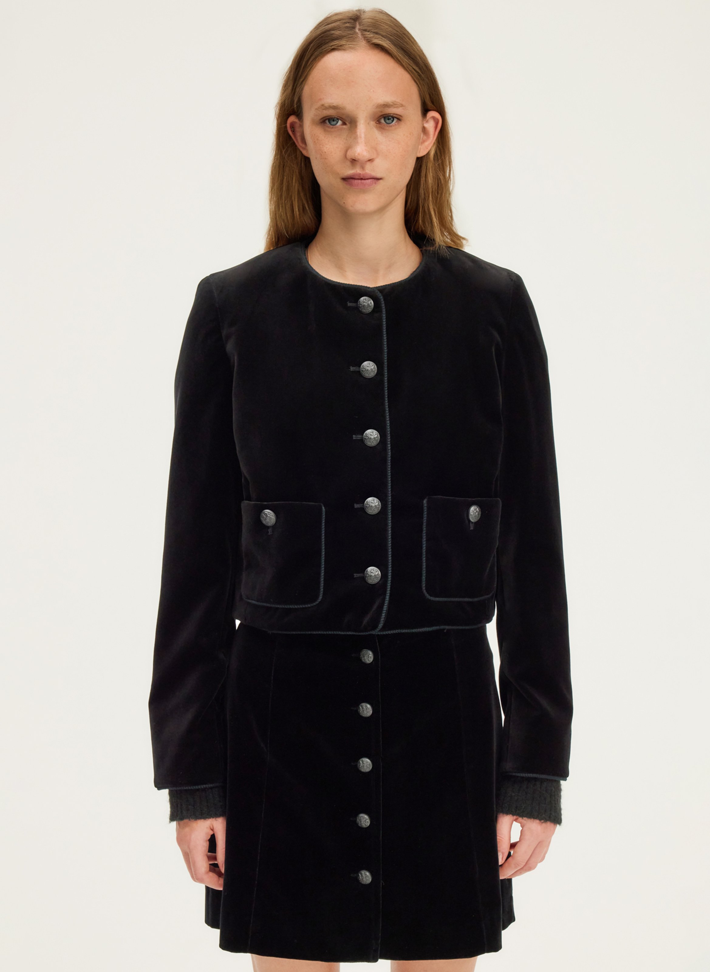 Veste courte droite boutonnée en velours PABLO Noir