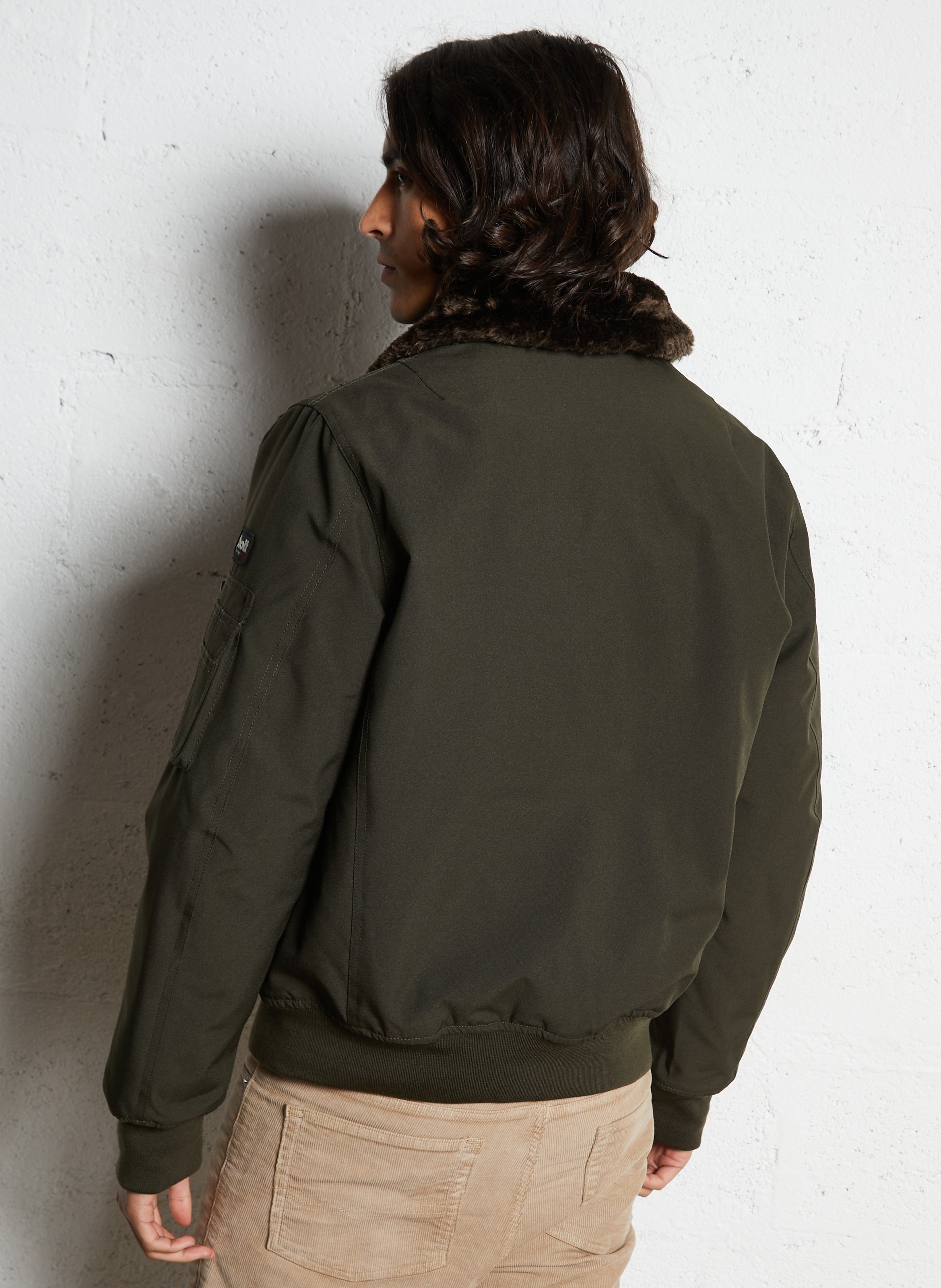 Blouson pilote ample uni à col fourrure SCHOTT Marron