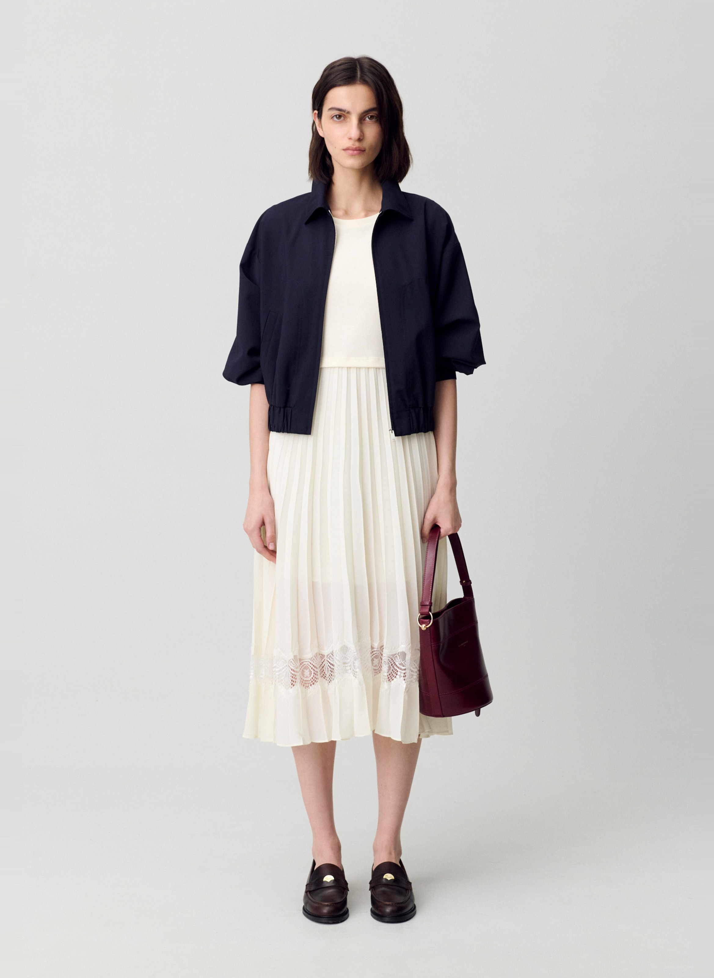 Robe midi col rond bi-matière plissée en coton  CLAUDIE PIERLOT Blanc