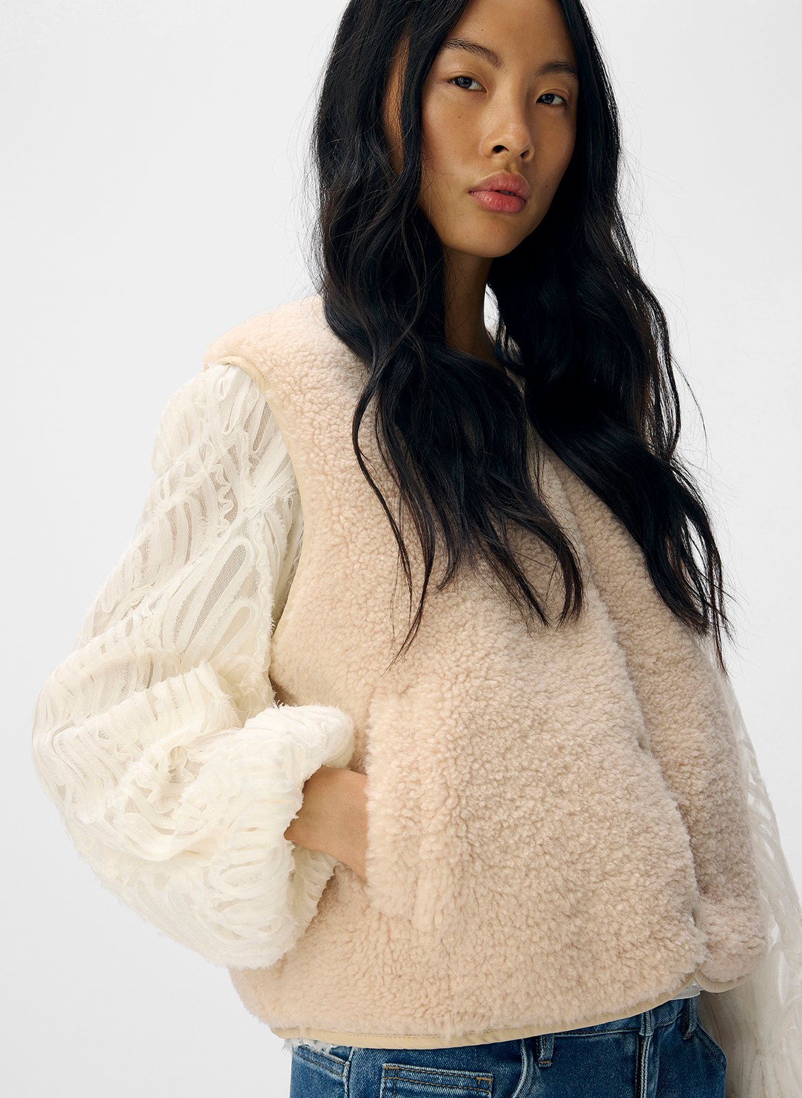 Ärmellose Sherpa-Knopfweste OBJECT Beige