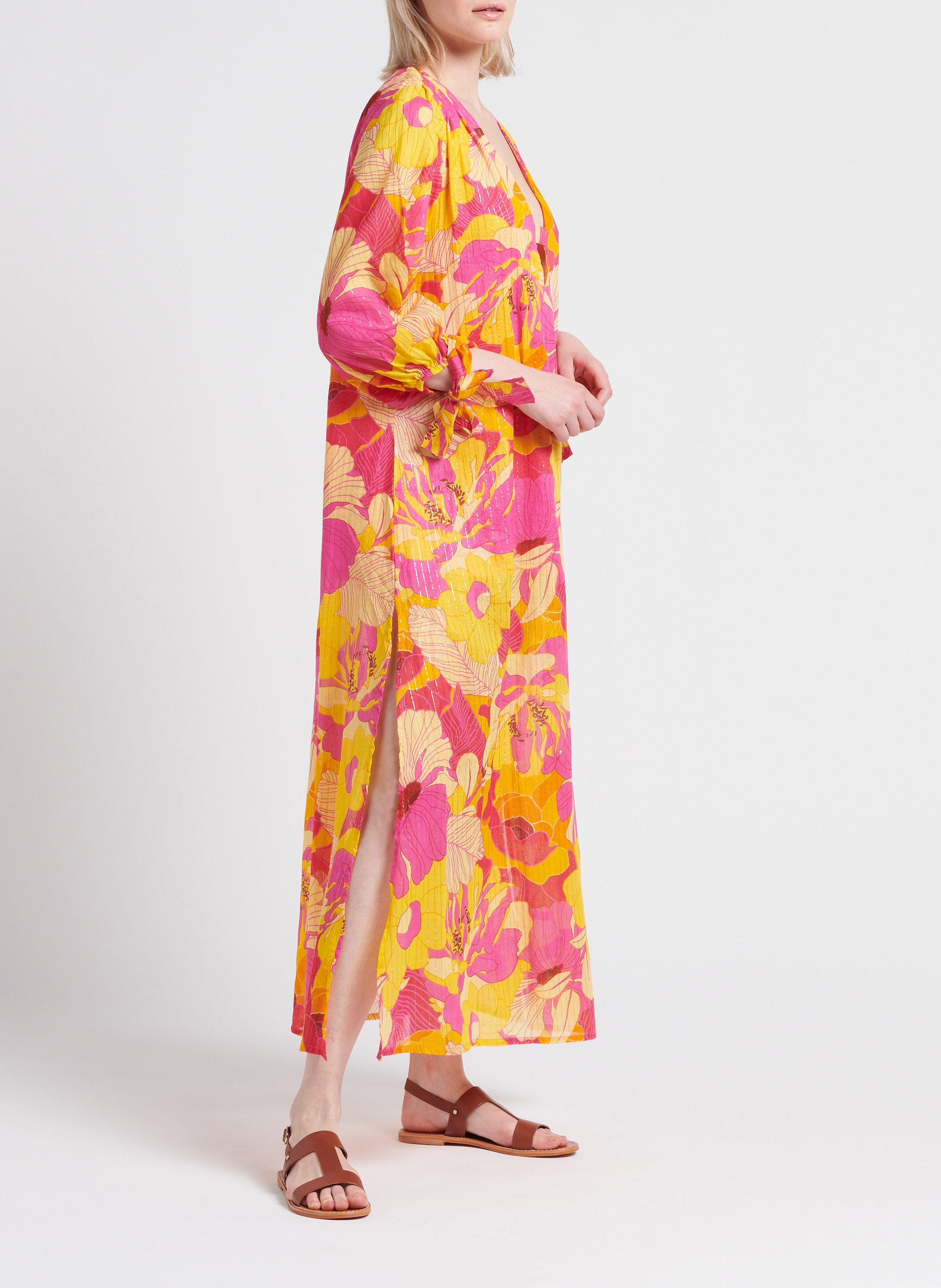 Lange, wijd uitlopende jurk met V-hals SUNDRESS Veelkleurig