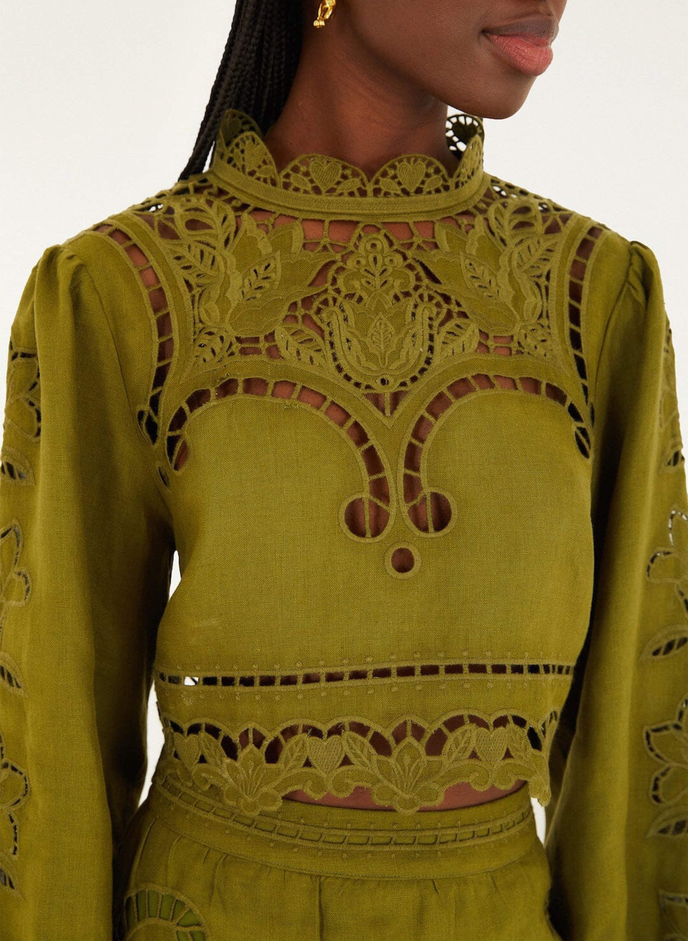 Top court ajouré uni en lin  FARM RIO Vert