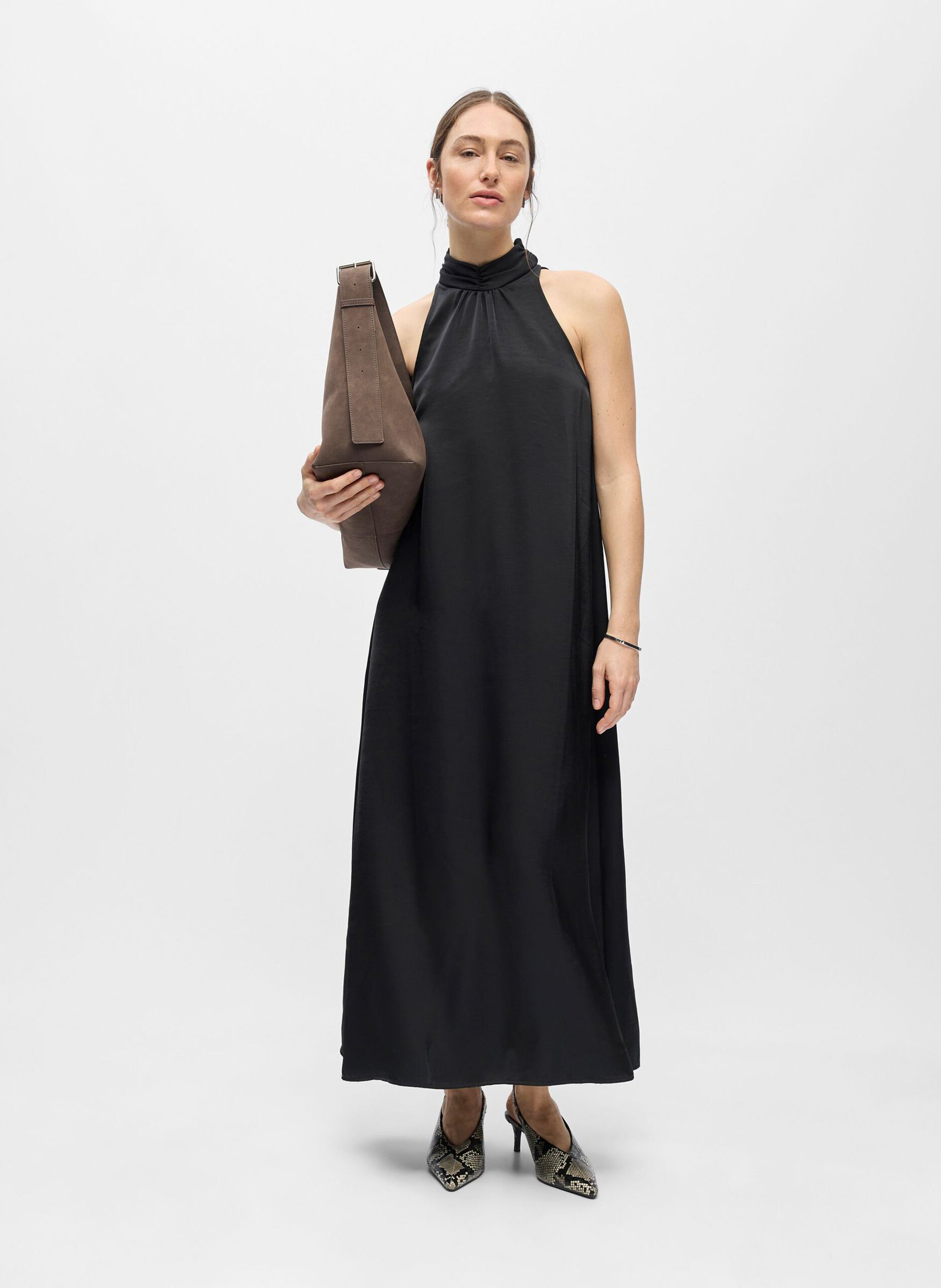 Lange jurk met opstaande kraag in effen kleur OBJECT Zwart