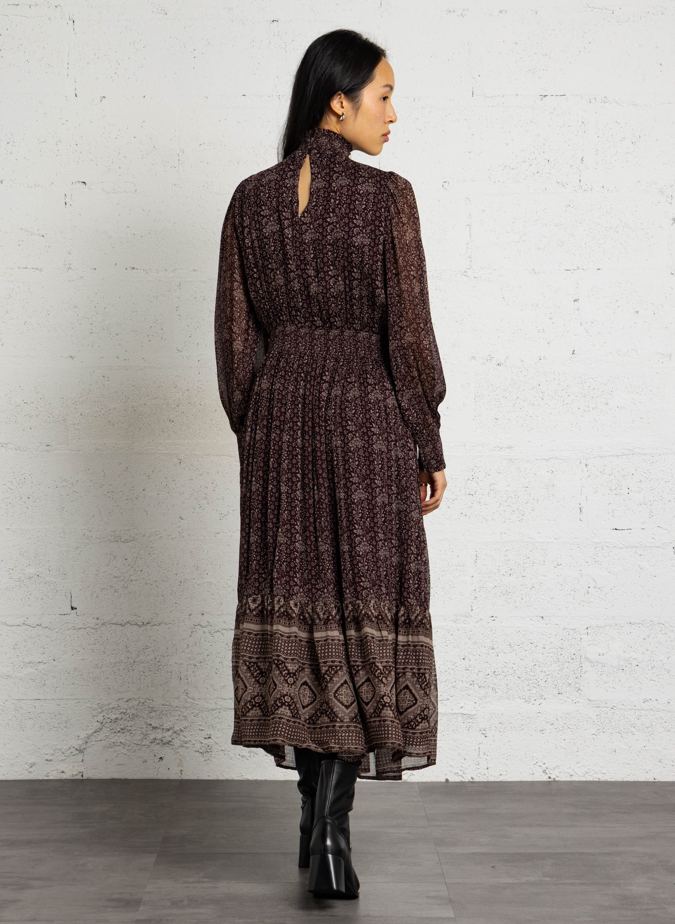 Robe cintrée col victorien imprimé fleuri PETITE MENDIGOTE Marron