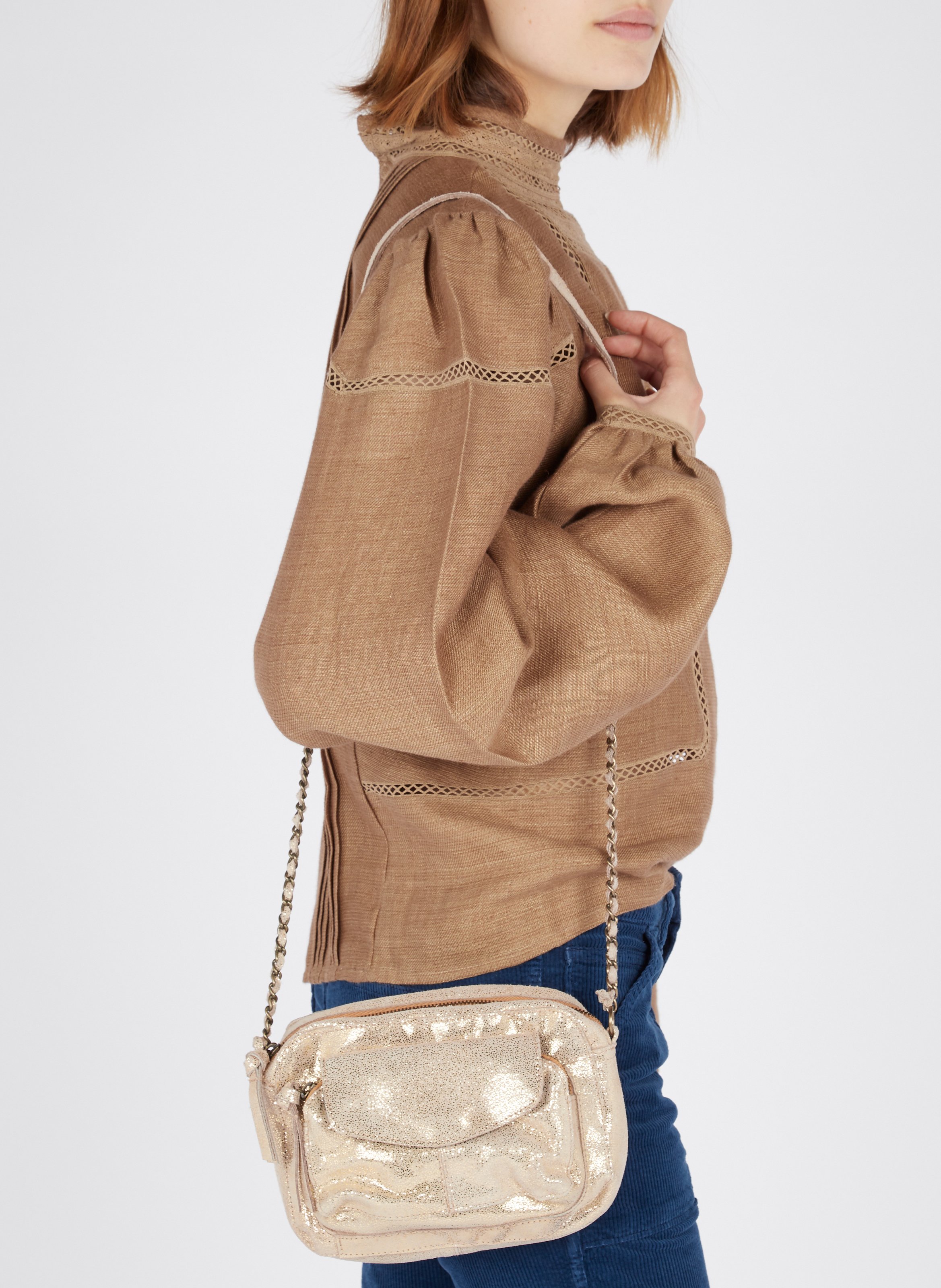 Sac bandoulière en cuir PIECES Doré