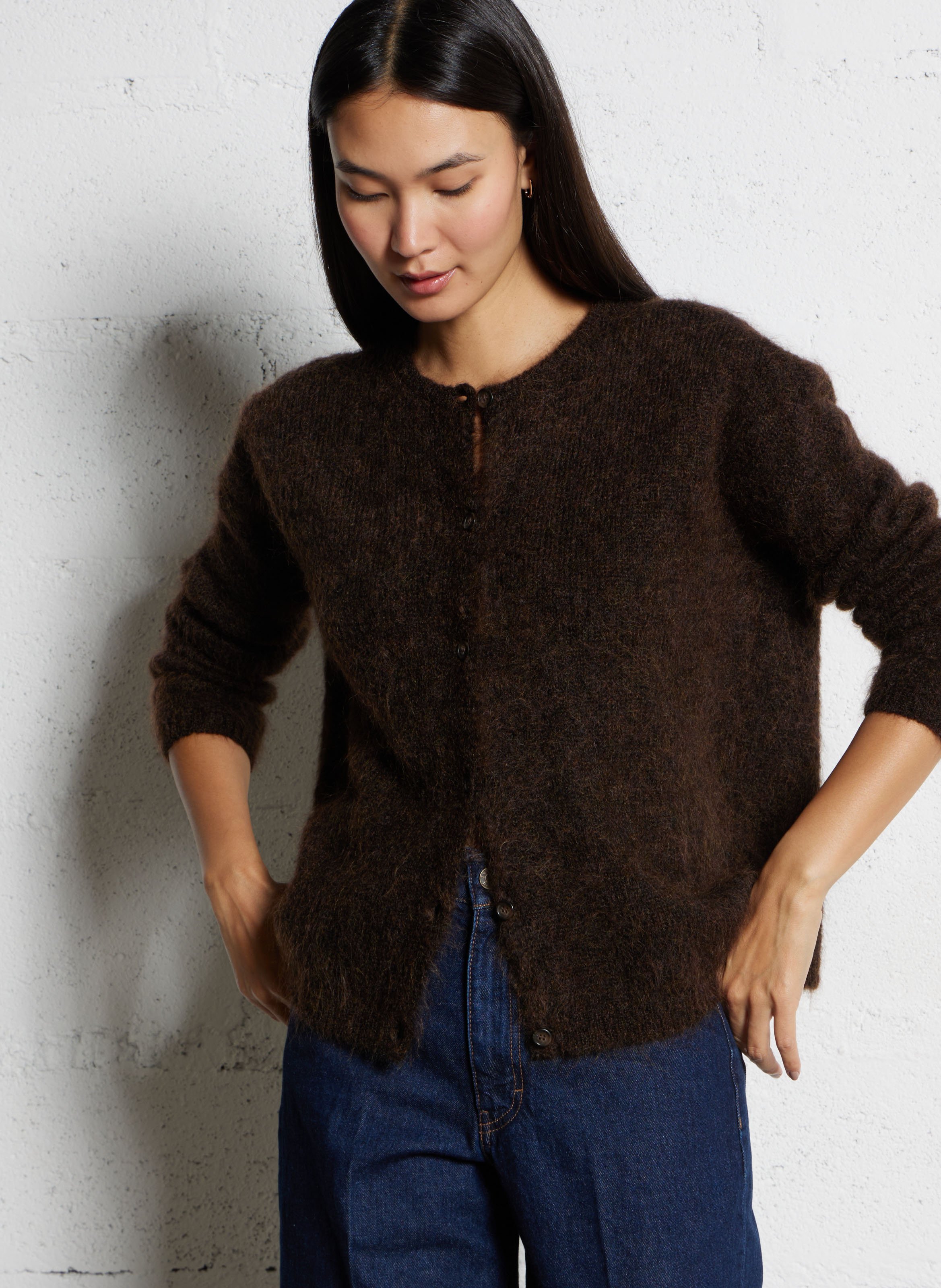 Round-neck mixed-knit cardigan DES PETITS HAUTS Brown