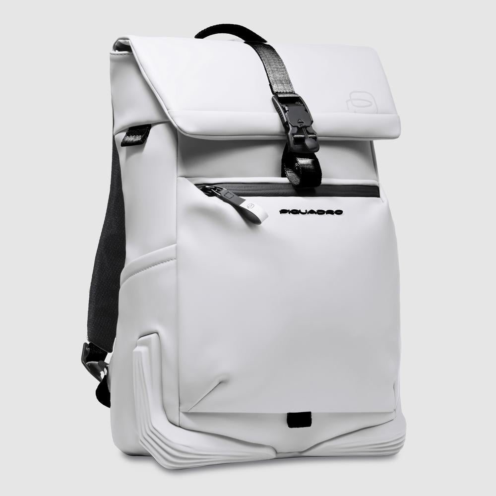 Water-repellent backpack for computer and iPad® with bottle pocket, shock protection, and RFID. PIQUADRO White