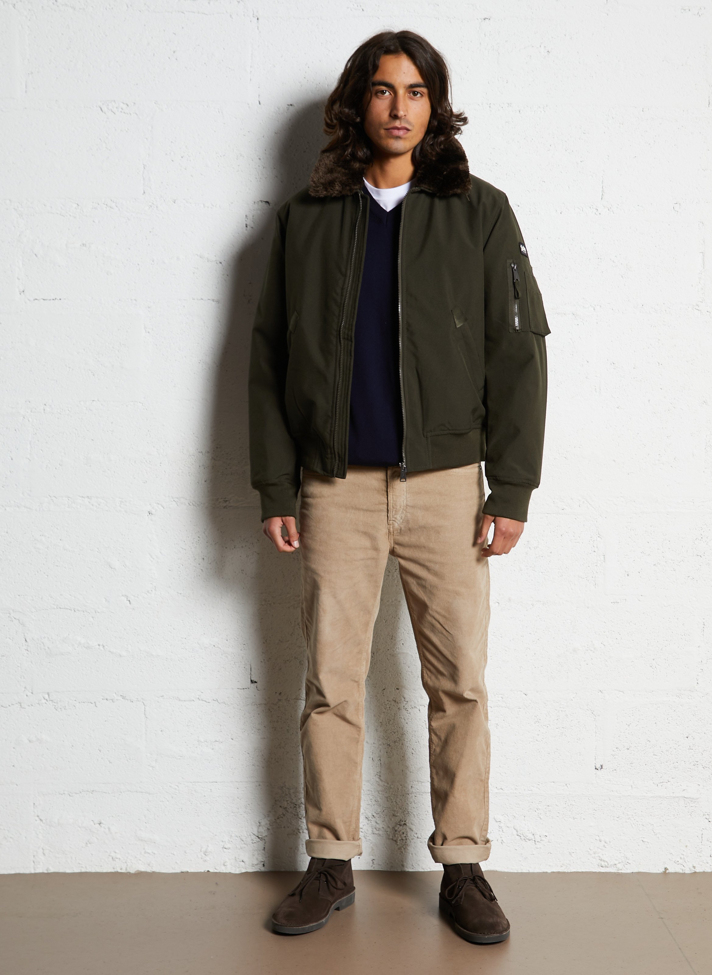 Blouson pilote ample uni à col fourrure SCHOTT Marron