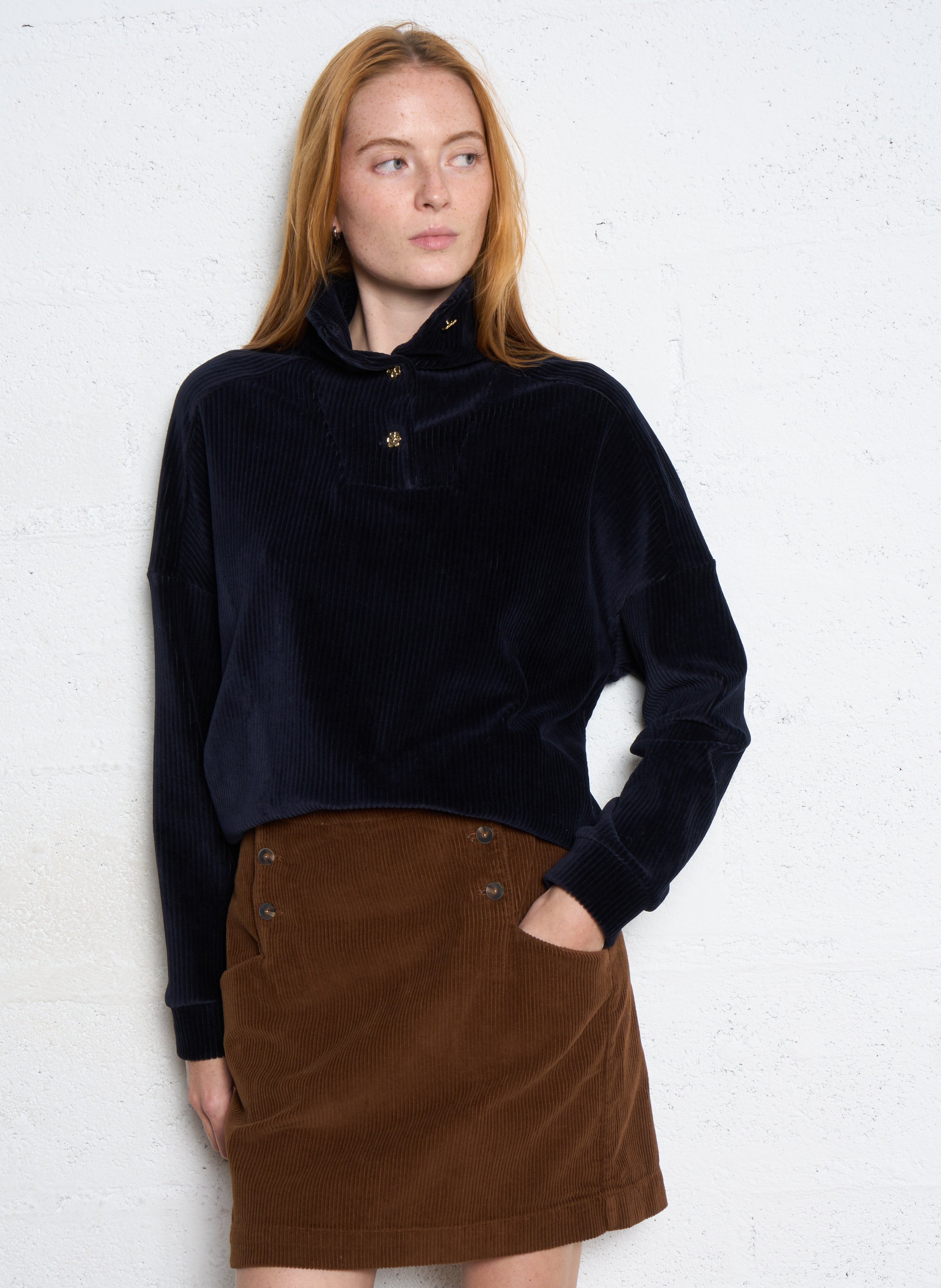 Top oversize côtelé col montant en coton I CODE Bleu