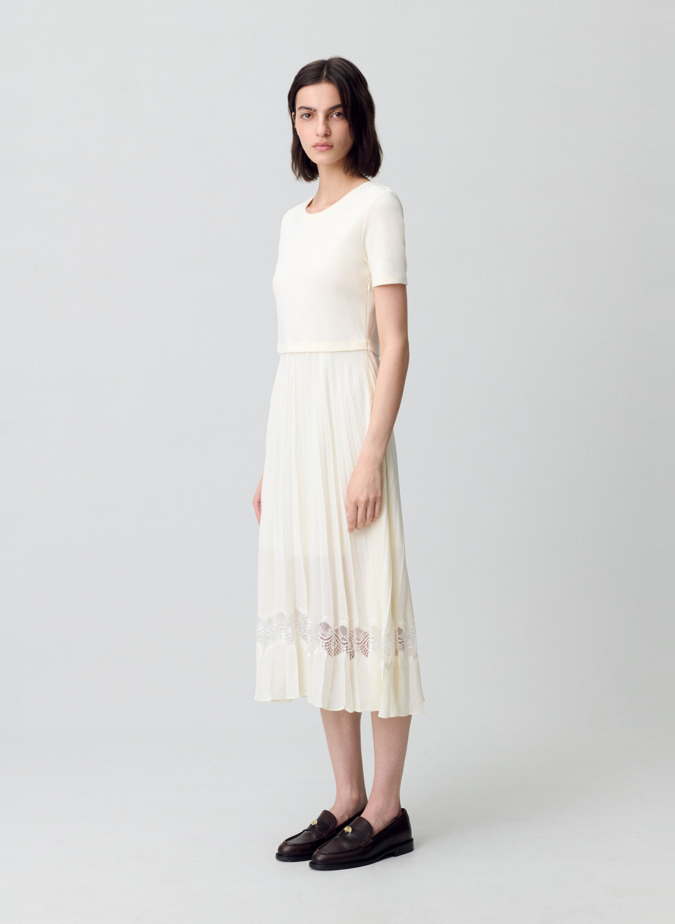 Robe midi col rond bi-matière plissée en coton  CLAUDIE PIERLOT Blanc