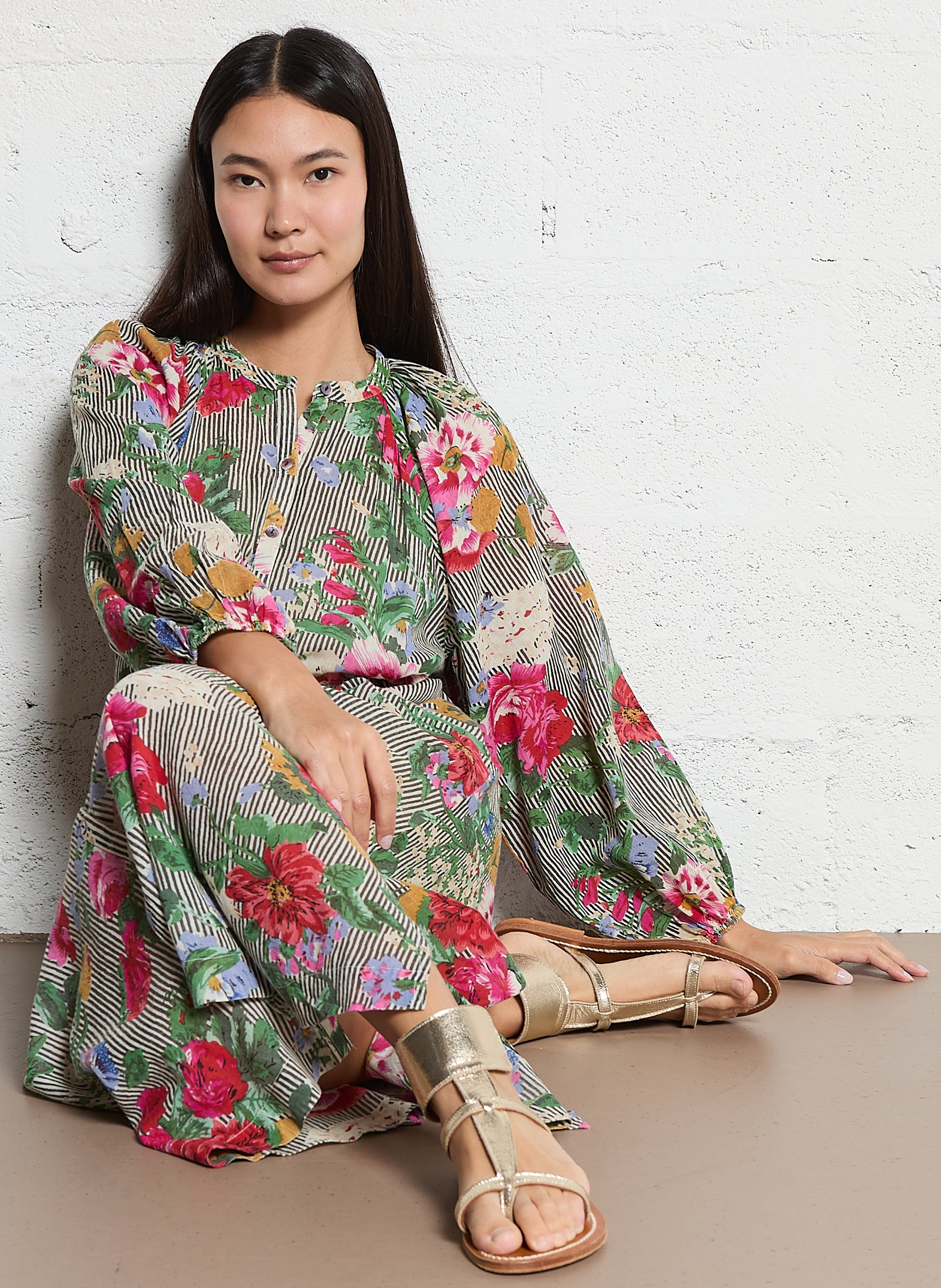 Lange, katoenen jurk met ronde hals en print MAISON HOTEL Zwart