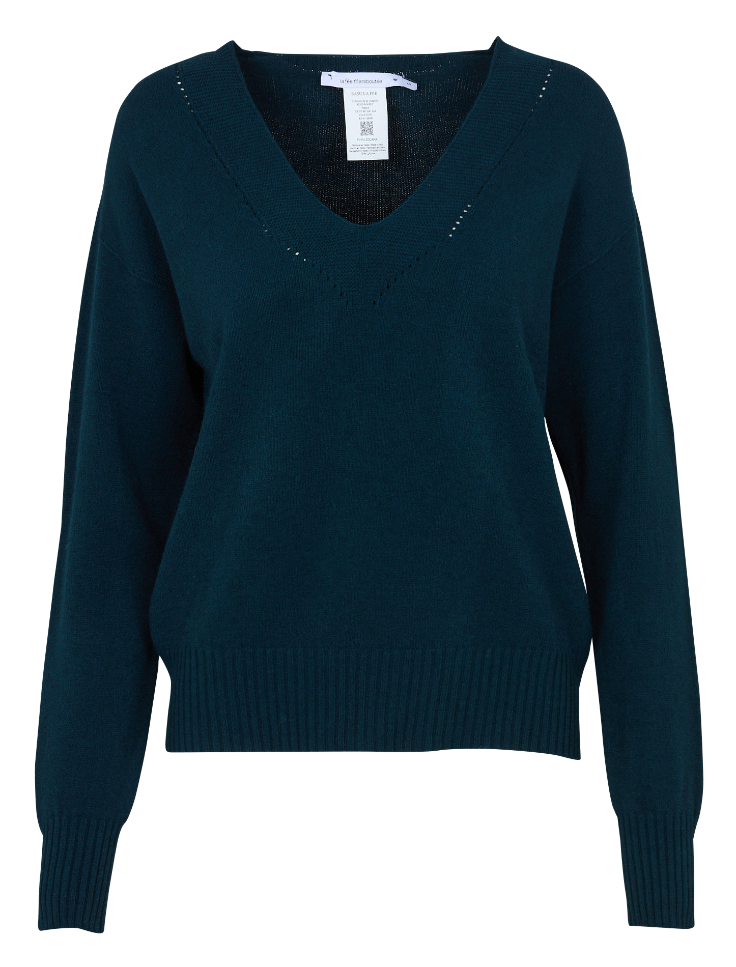Loose-fit mixed-knit V-neck sweater  Petrole