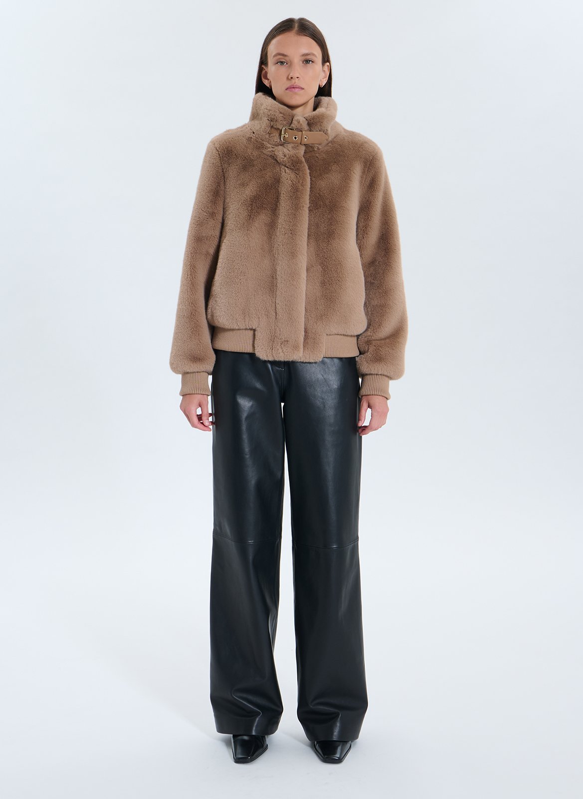 High-neck faux fur jacket ZAPA Brown