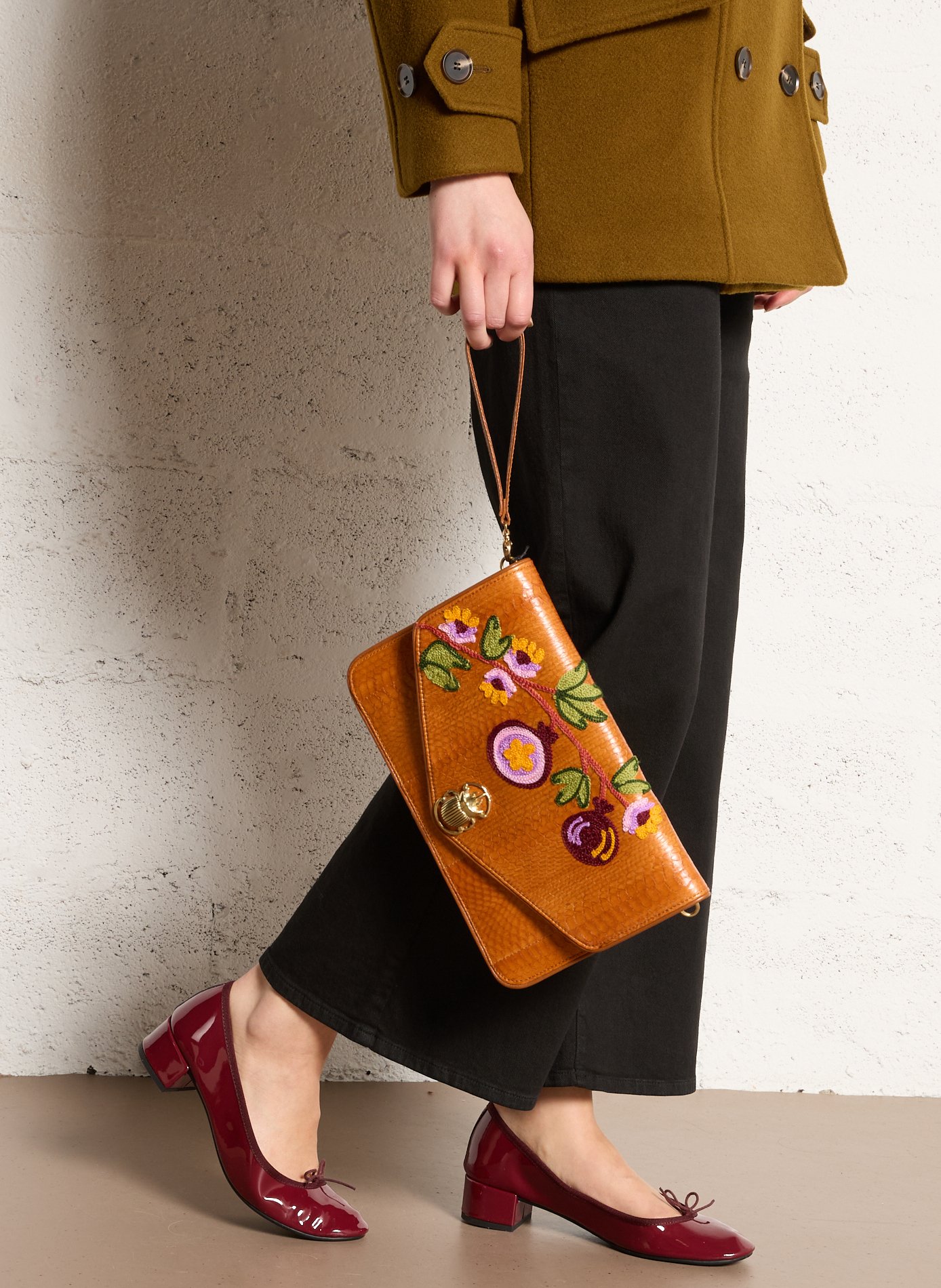 Embroidered python soft clutch CLARIS VIROT Brown