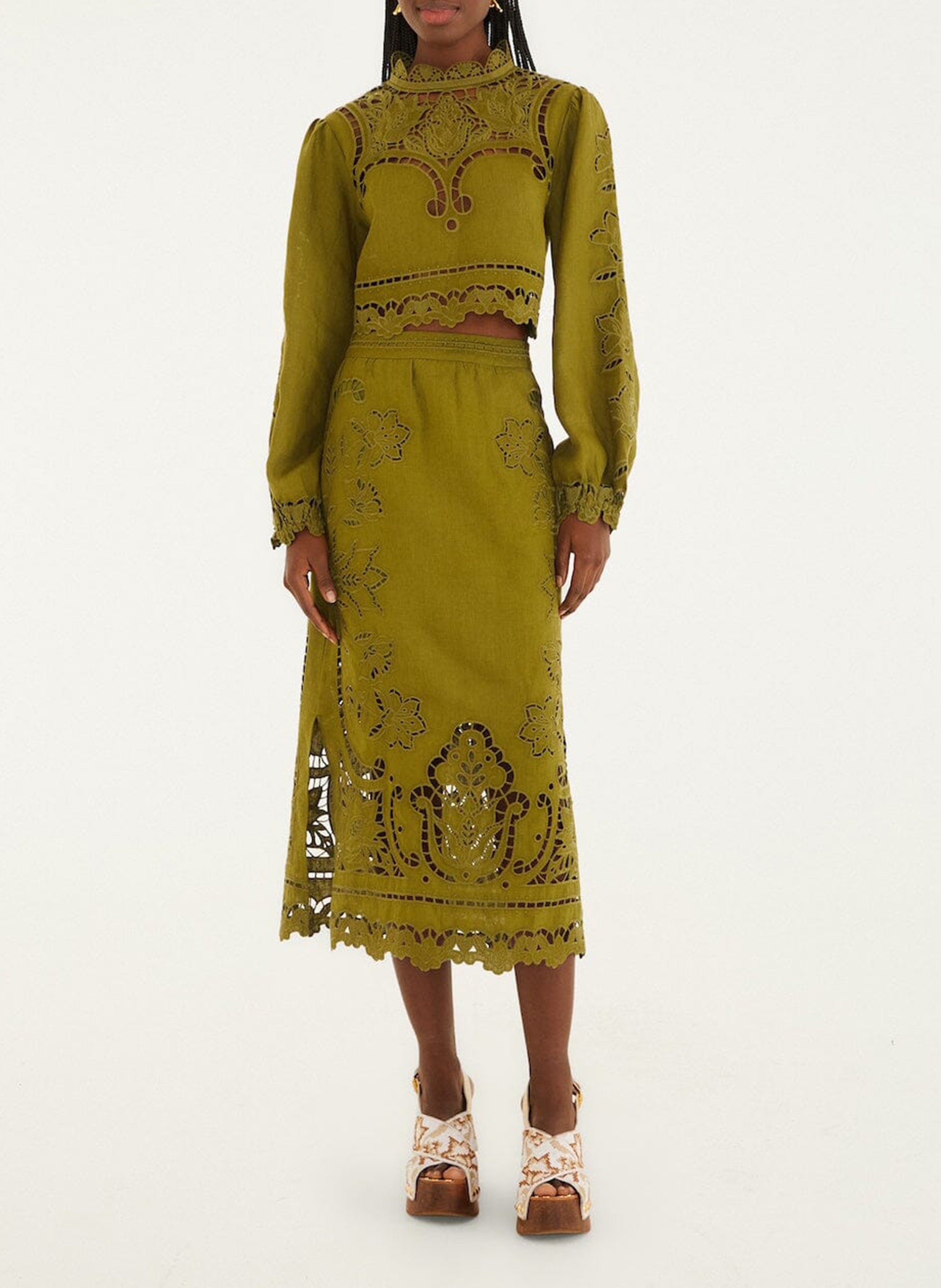 Top court ajouré uni en lin  FARM RIO Vert