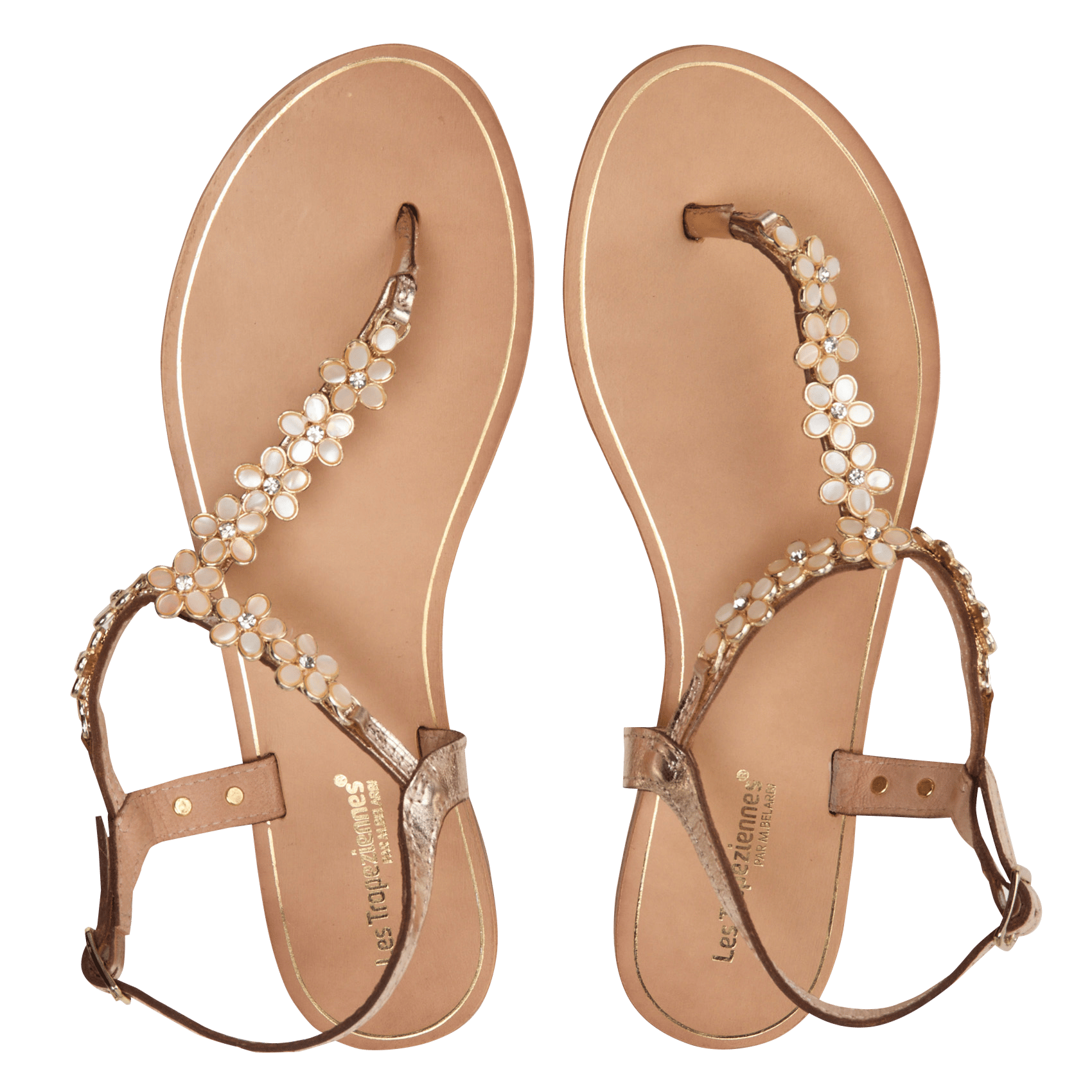 Sandales plates à fleurs en cuir LES TROPEZIENNES PAR M.BELARBI Doré