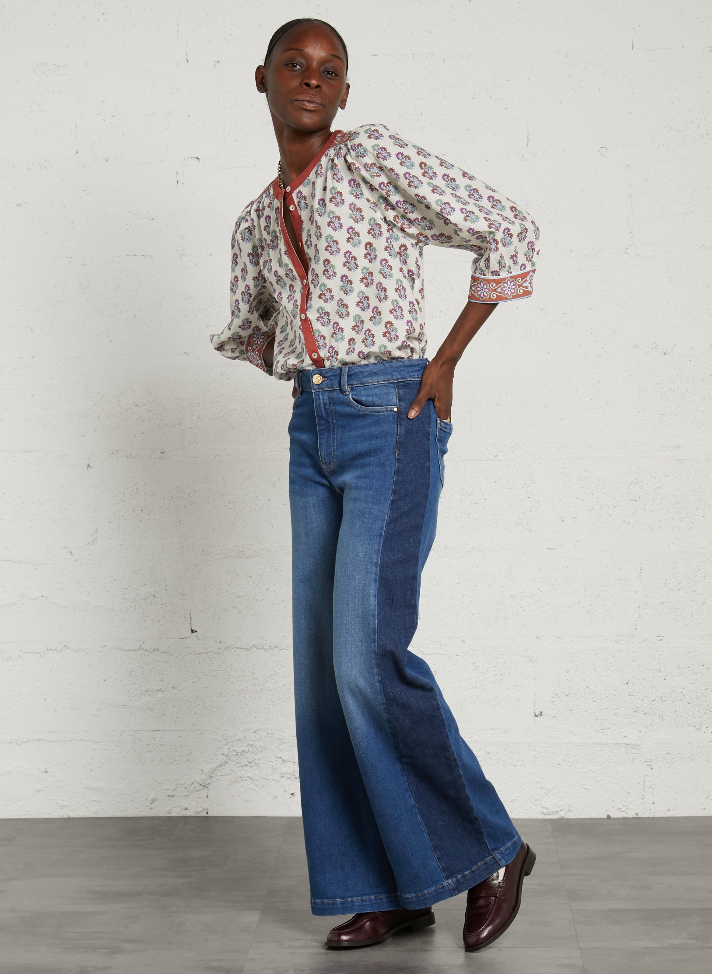 Rechte, katoenen blouse met ronde hals en print SUD EXPRESS Oranje