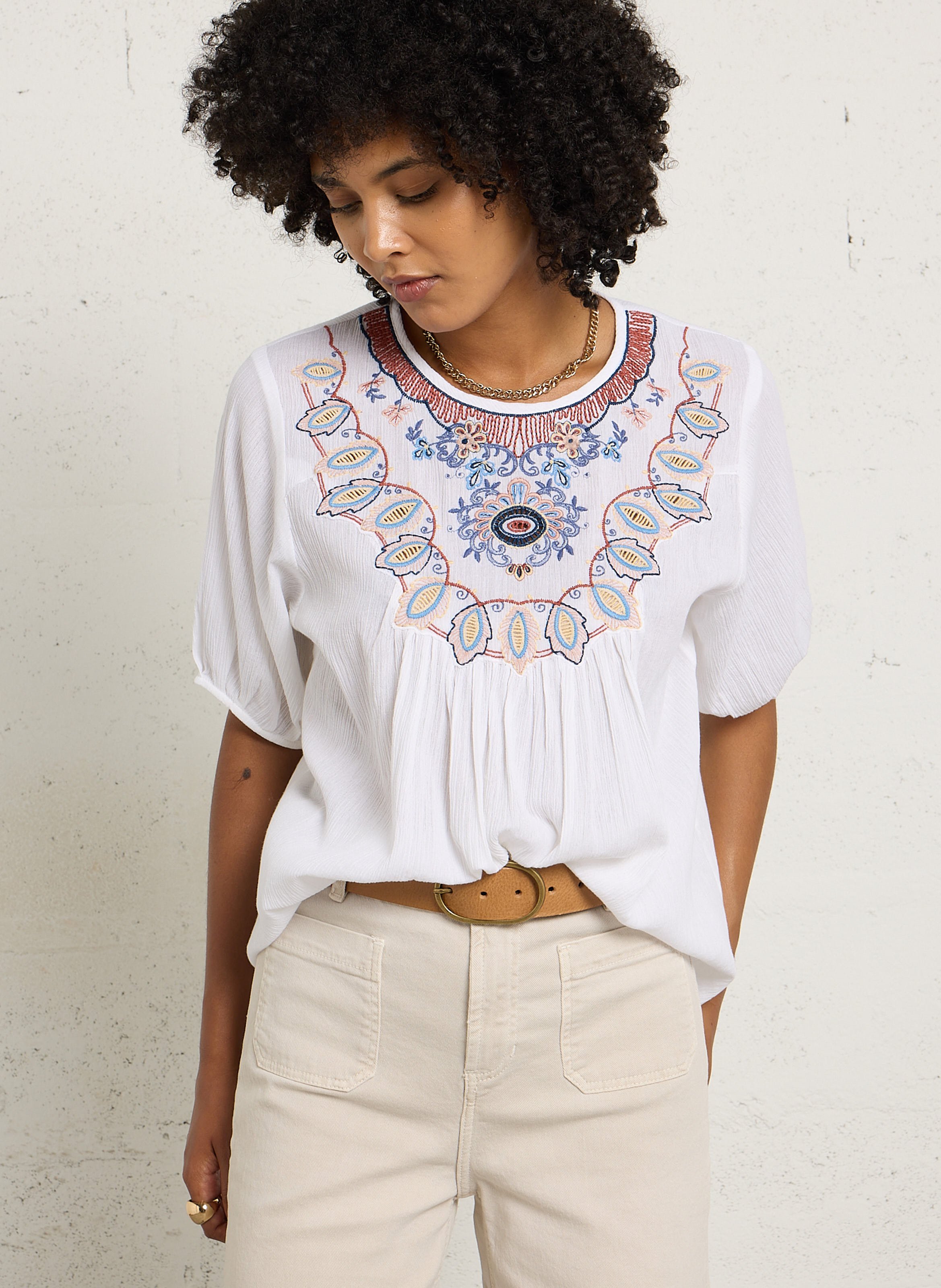 Blouse oversize col rond brodé SUD EXPRESS Blanc