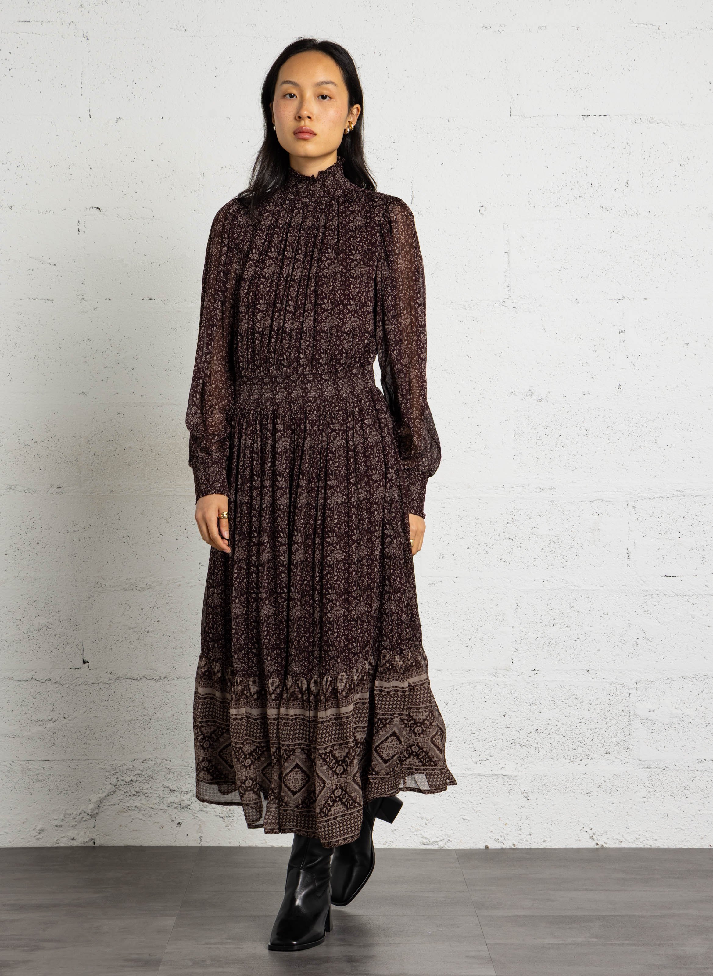 Robe cintrée col victorien imprimé fleuri PETITE MENDIGOTE Marron
