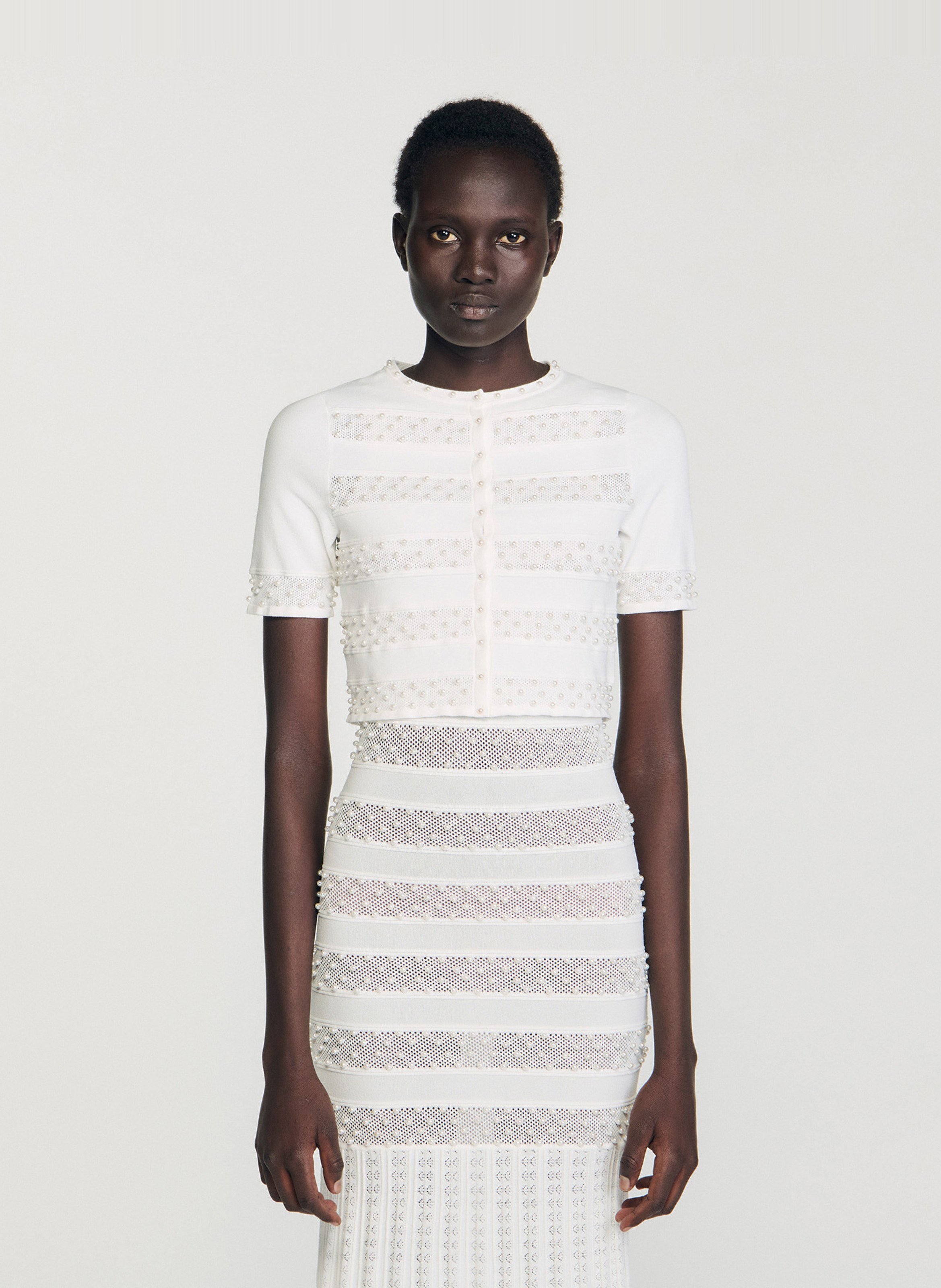 Cardigan court perlé col rond SANDRO Blanc