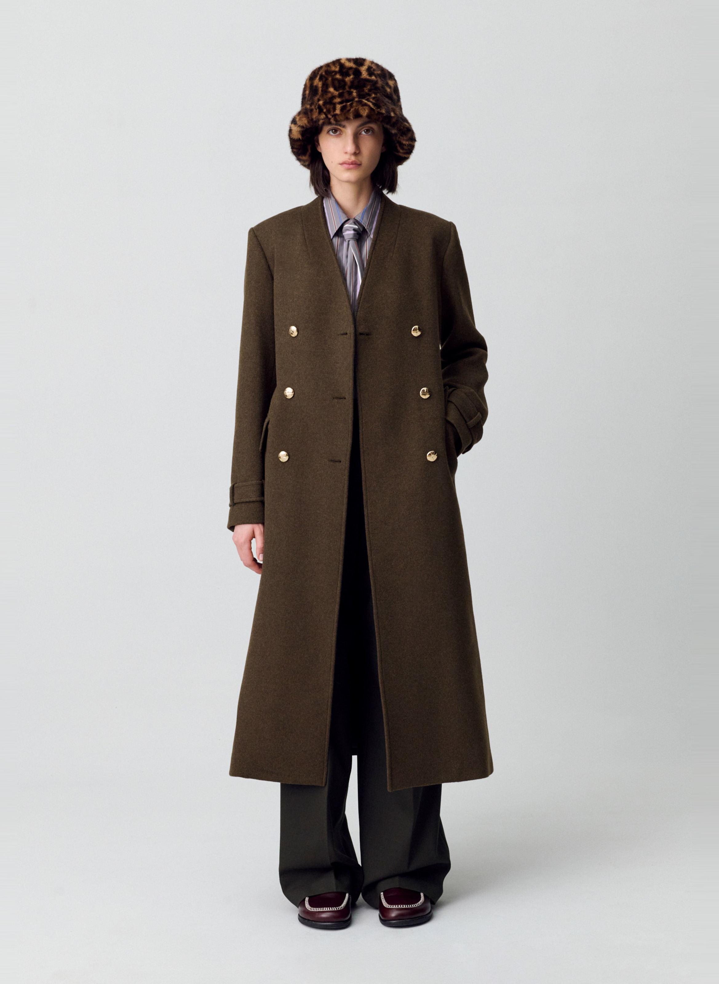 Gerader Mantel mit V-Ausschnitt aus Wollmischung CLAUDIE PIERLOT Khaki