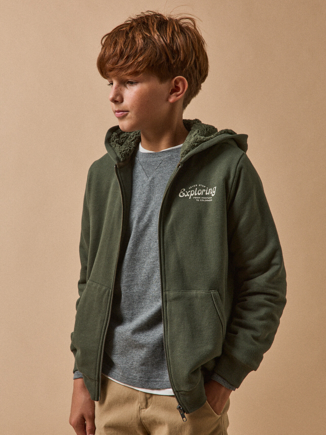 Zip-up cardigan lined with sherpa CYRILLUS Green