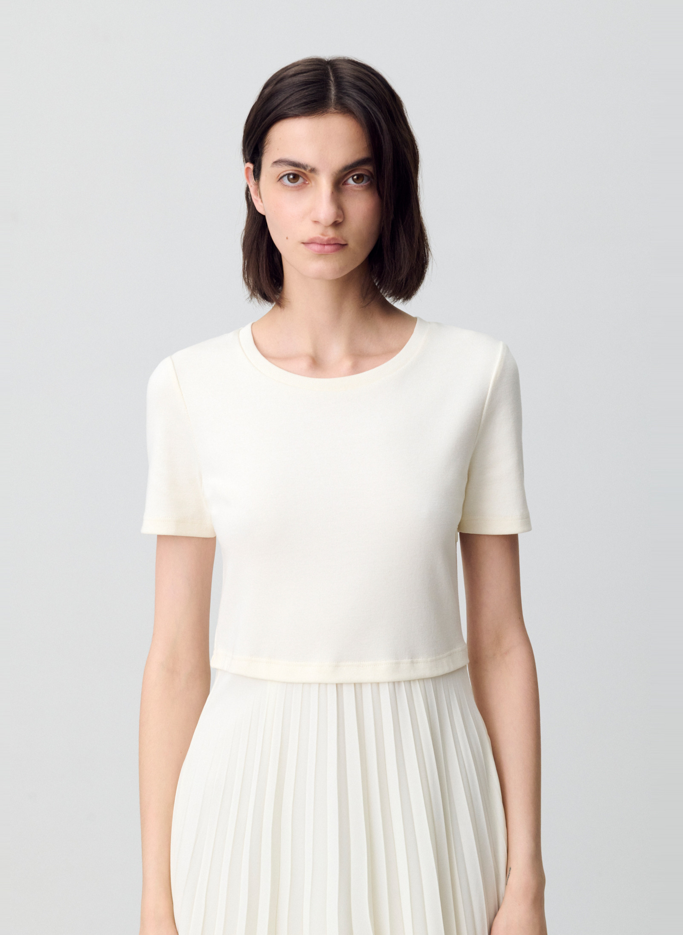 Robe midi col rond bi-matière plissée en coton  CLAUDIE PIERLOT Blanc