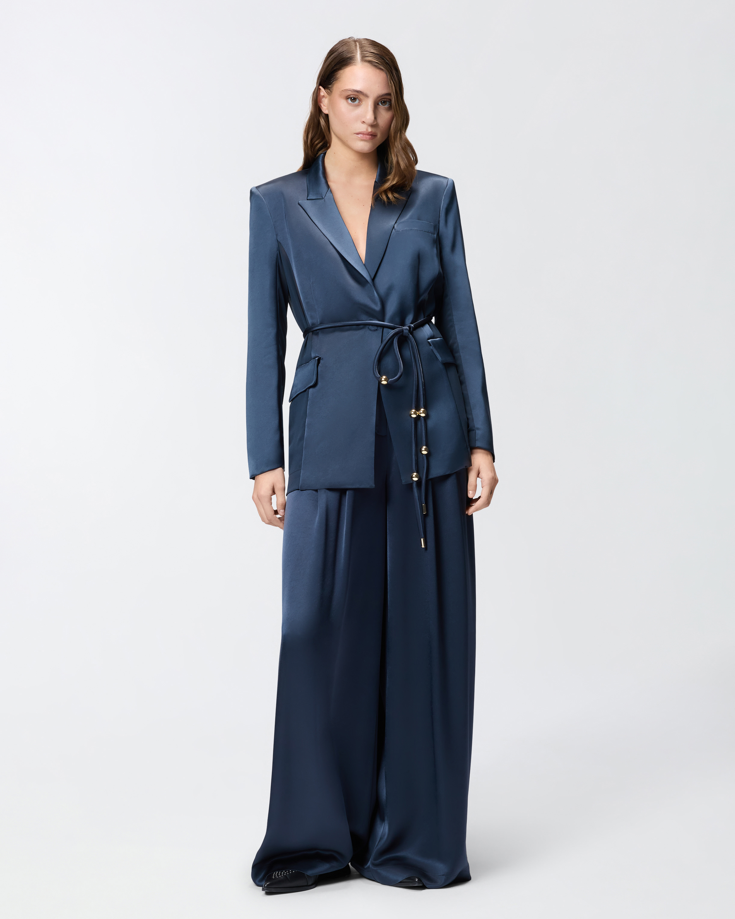 Shiny satin blazer with belt and button PINKO Blue