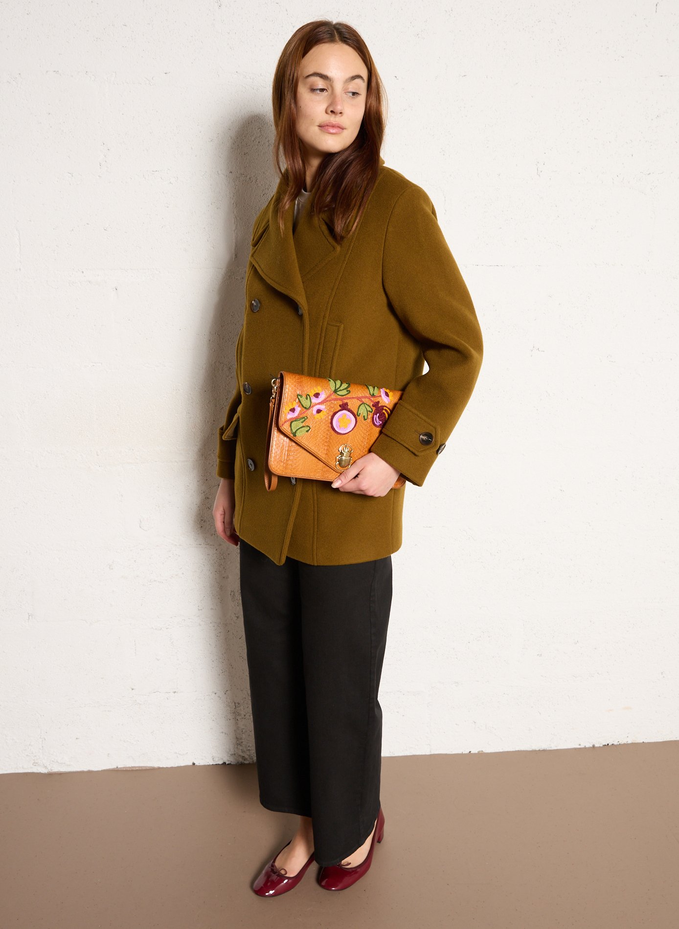 Embroidered python soft clutch CLARIS VIROT Brown