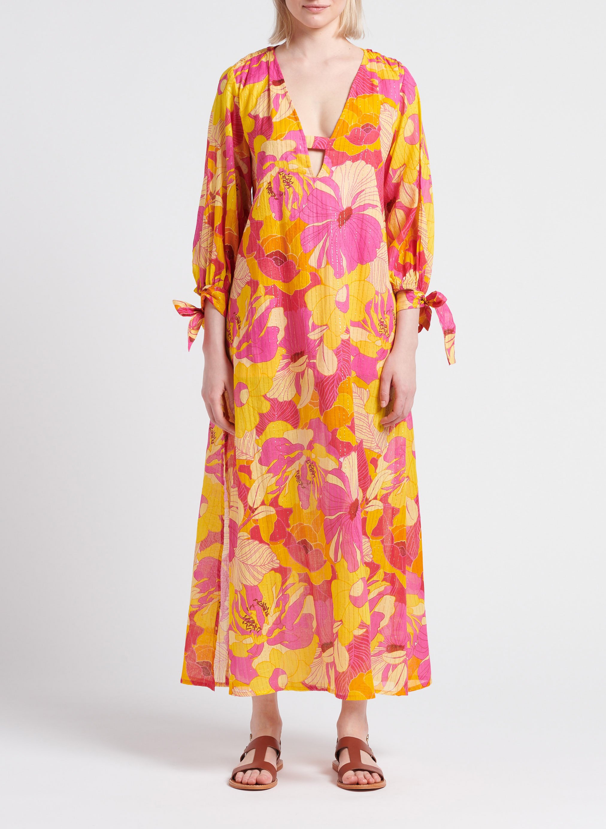 Lange, wijd uitlopende jurk met V-hals SUNDRESS Veelkleurig