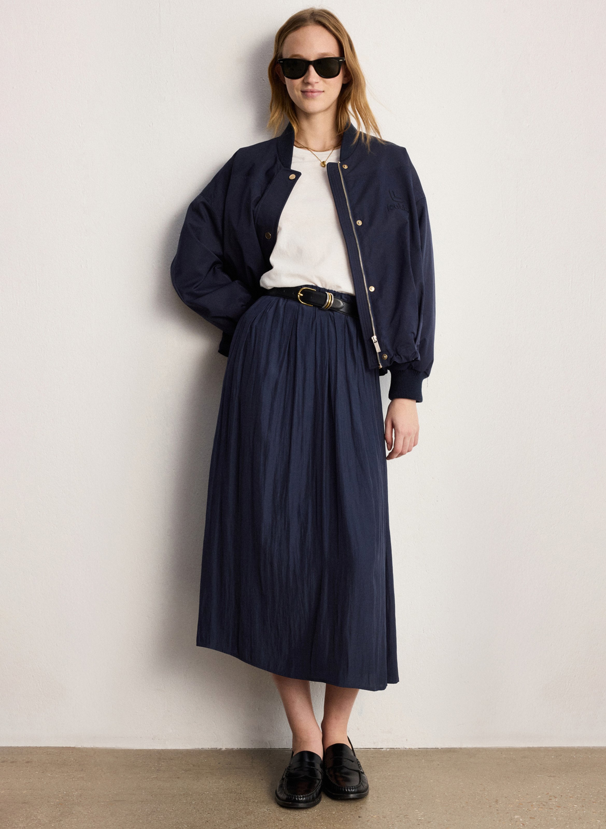 Halflange gerende rok met plooien PABLO Blauw