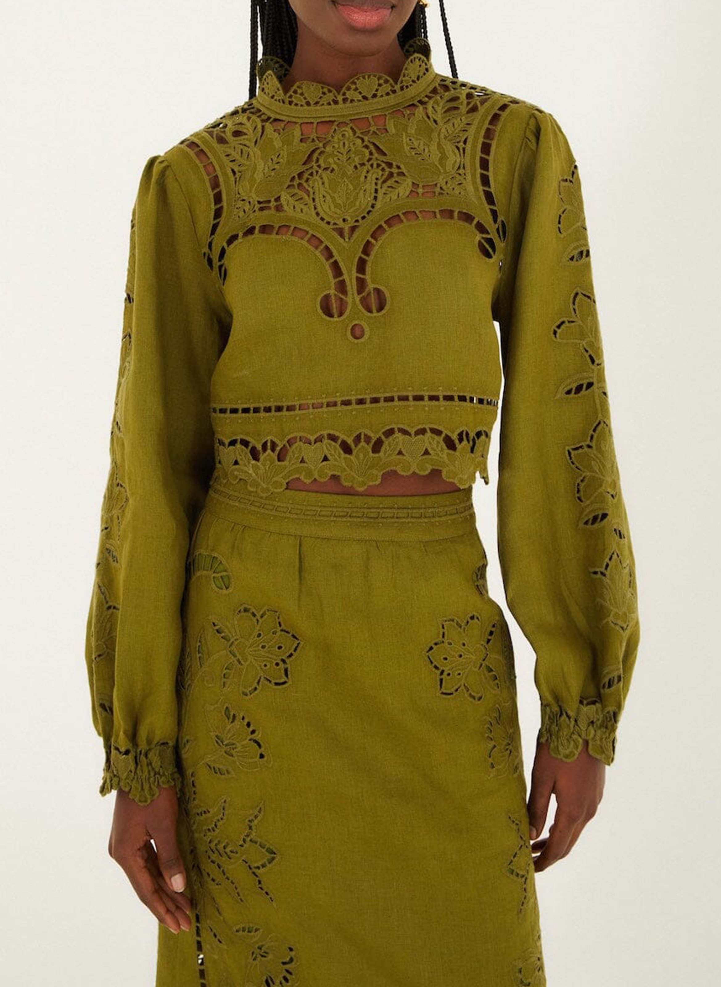 Top court ajouré uni en lin  FARM RIO Vert