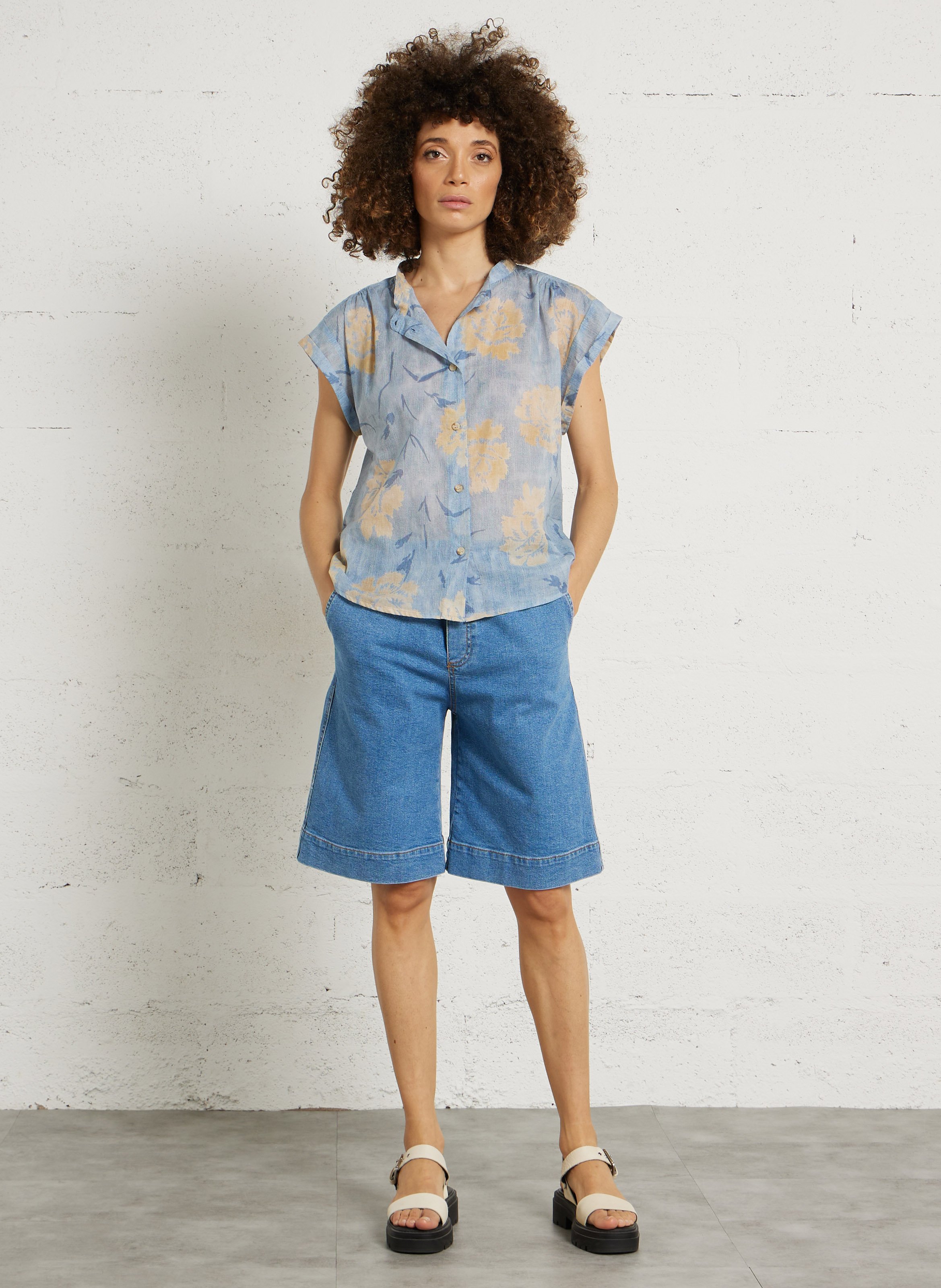 Gerade geschnittene Taillenshorts aus Baumwoll-Mix HOD PARIS Blau