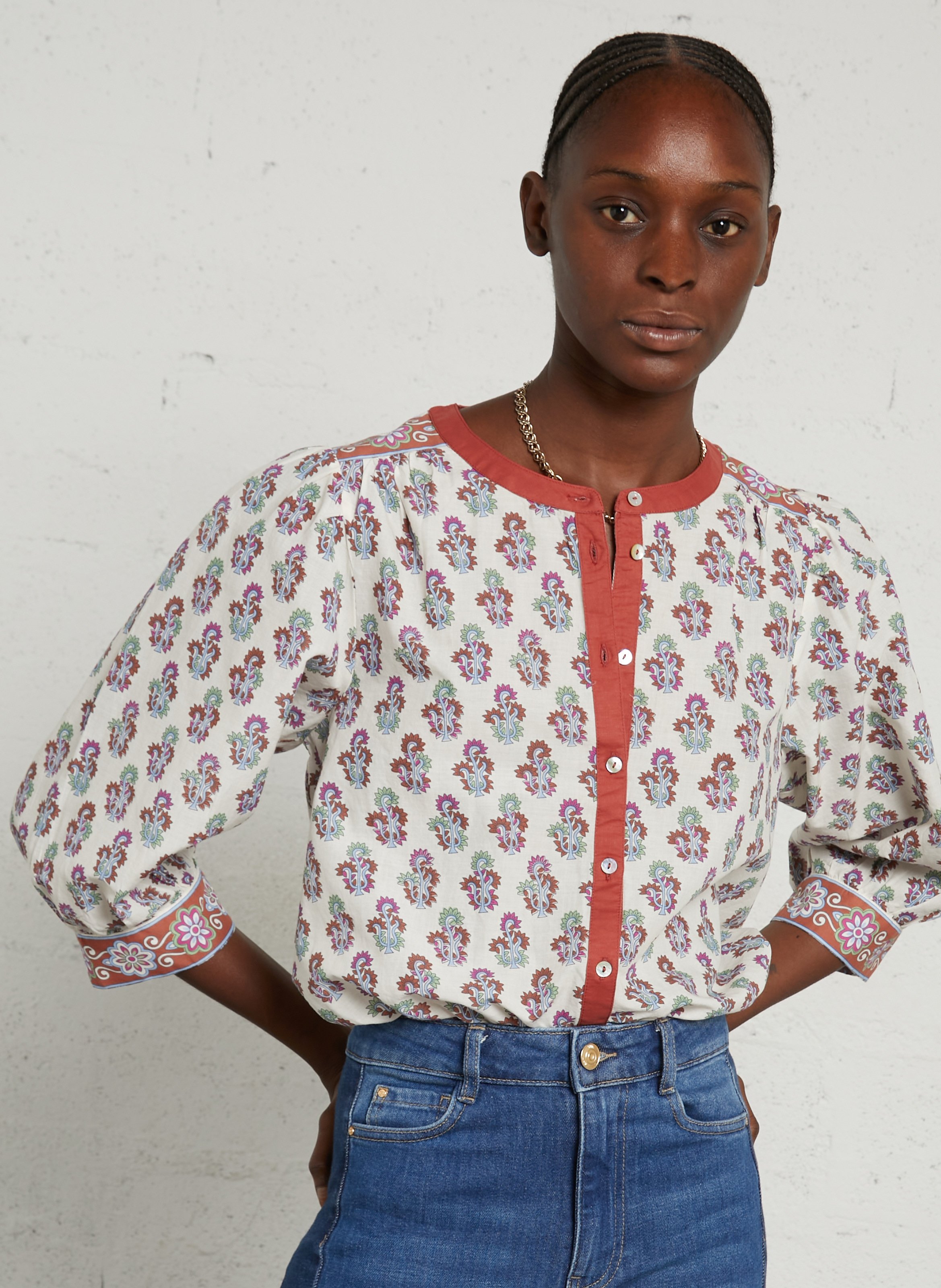 Rechte, katoenen blouse met ronde hals en print SUD EXPRESS Oranje