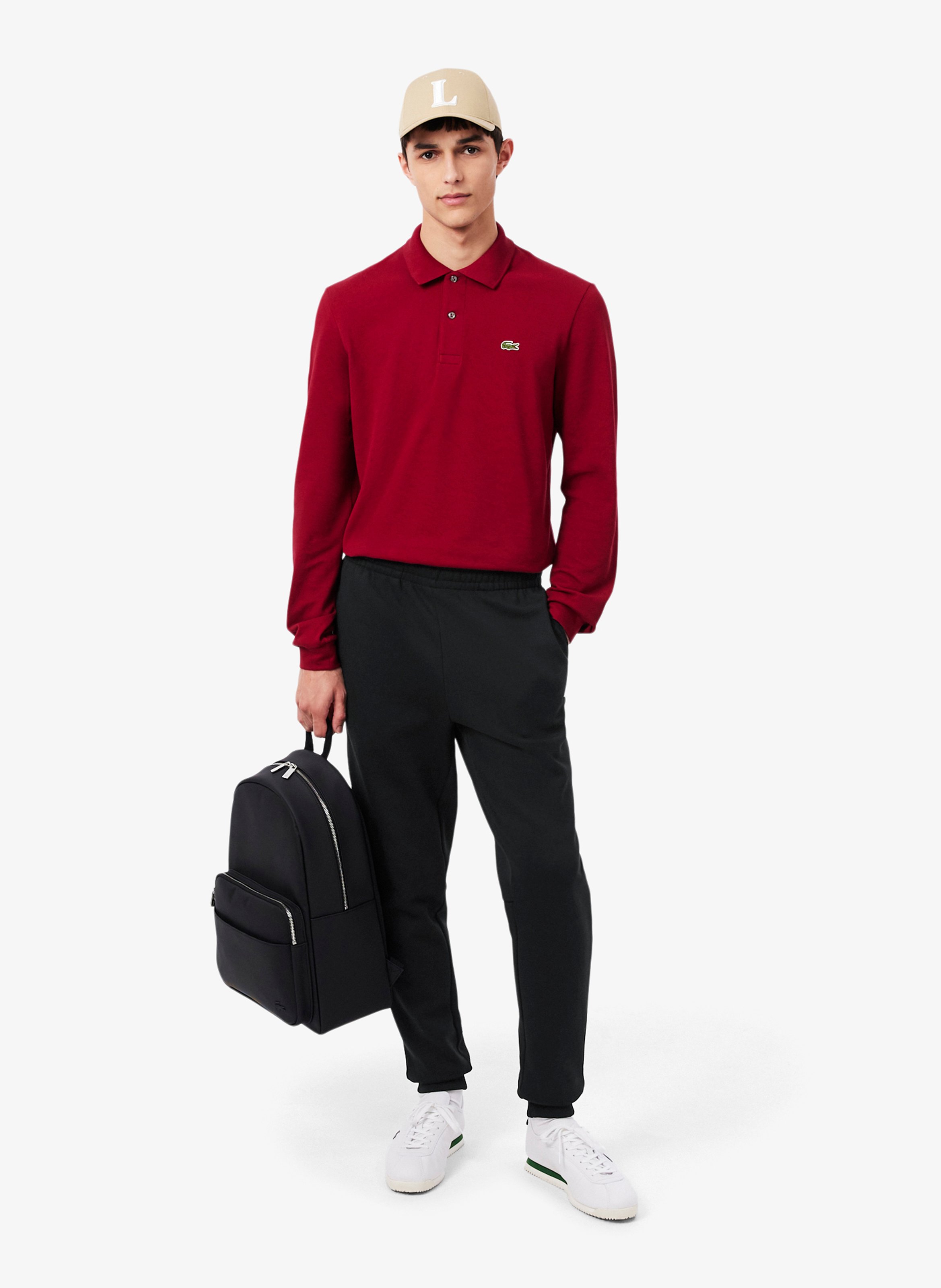 Tapered solid color cotton joggers LACOSTE Black