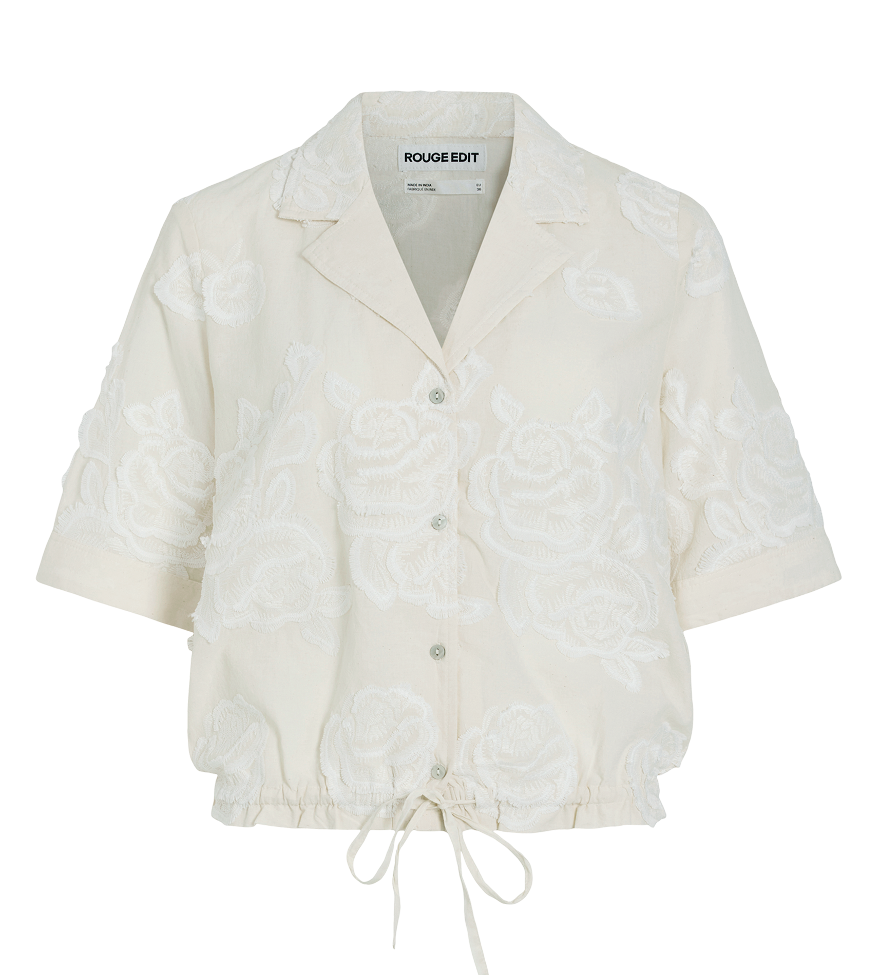 Short-sleeved shirt with floral embroidery ROUGE EDIT Beige