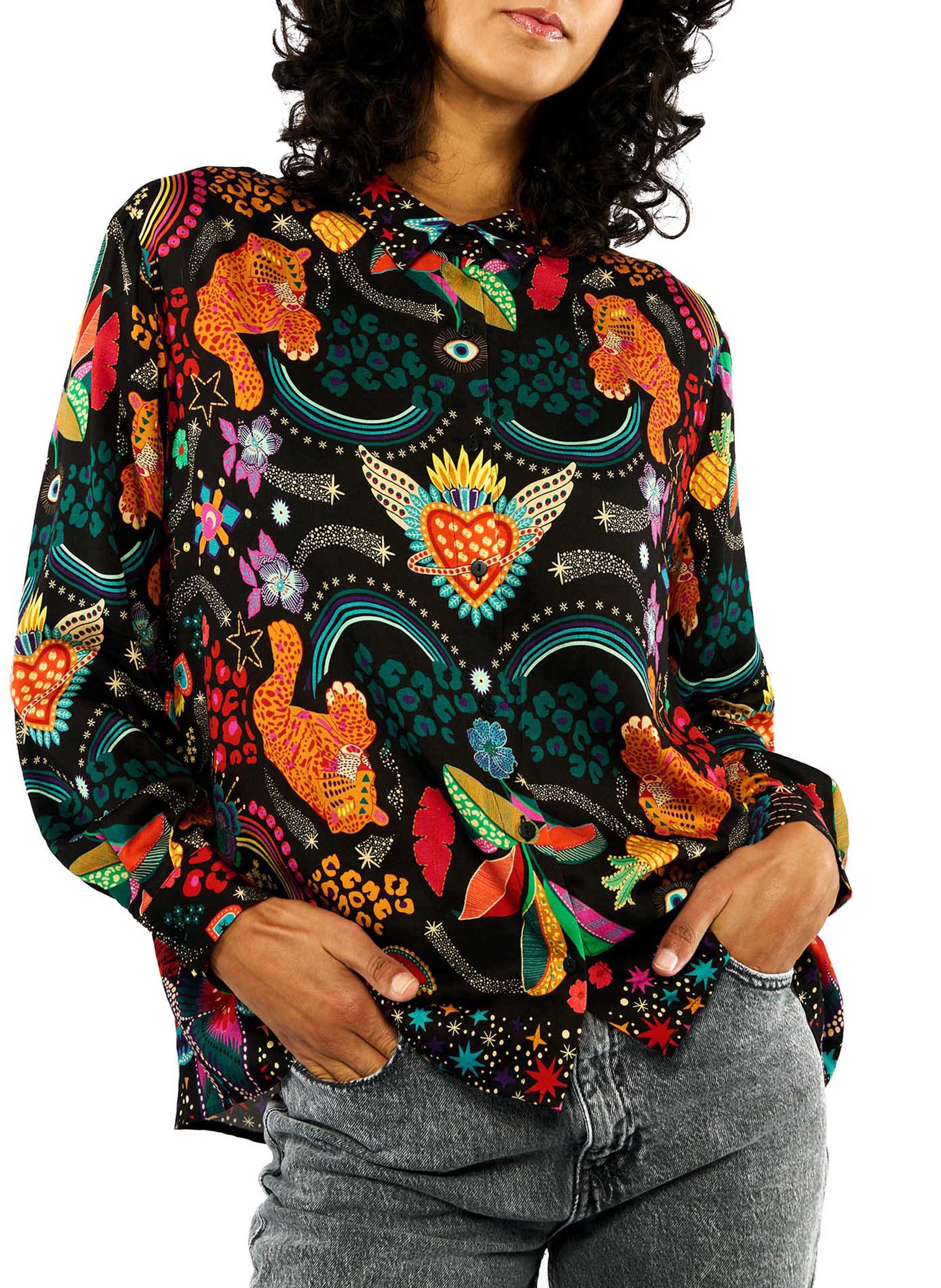 Gerade geschnittenes Hemd mit klassischem Kragen und Print Schwarz