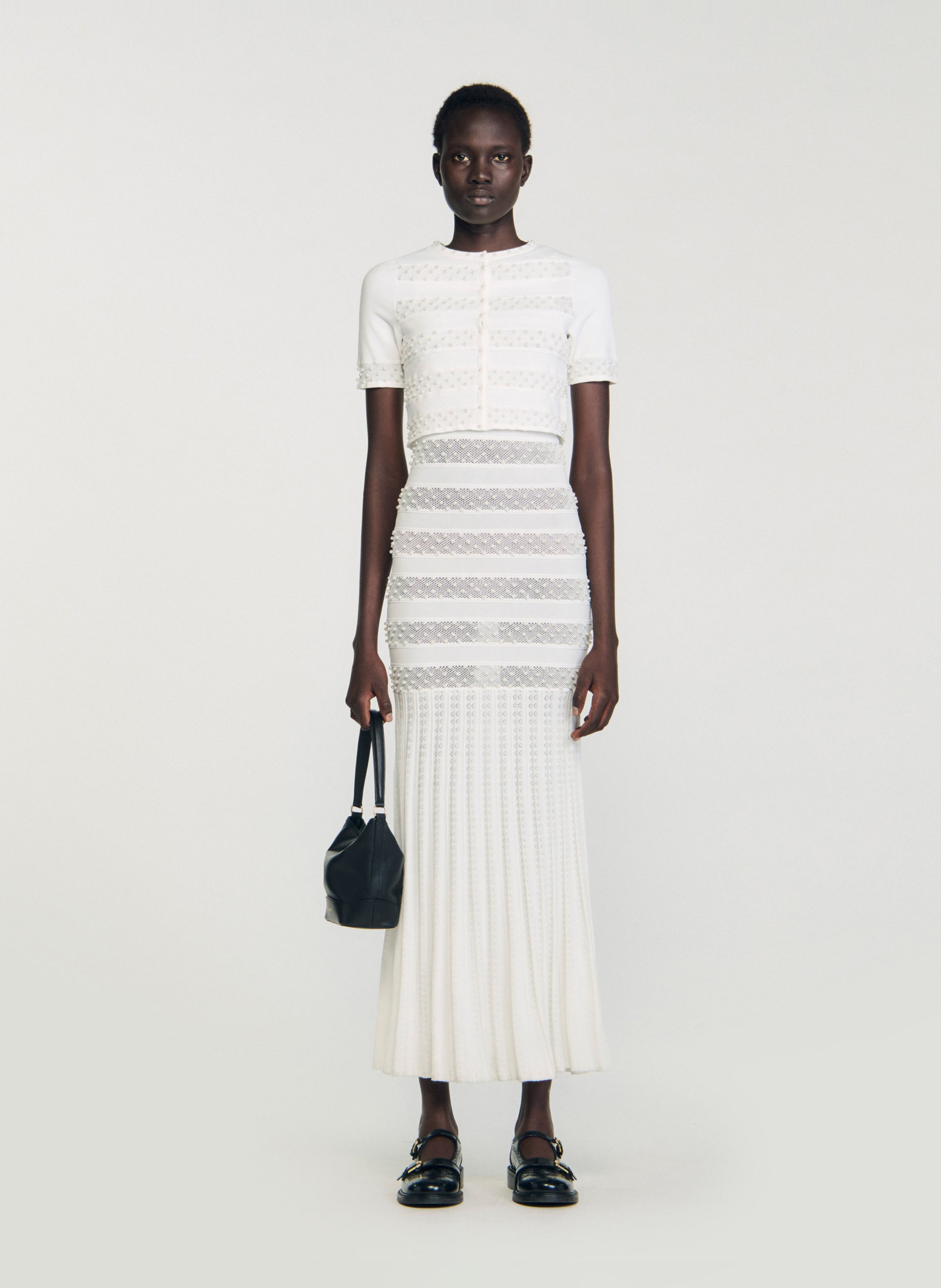 Cardigan court perlé col rond SANDRO Blanc