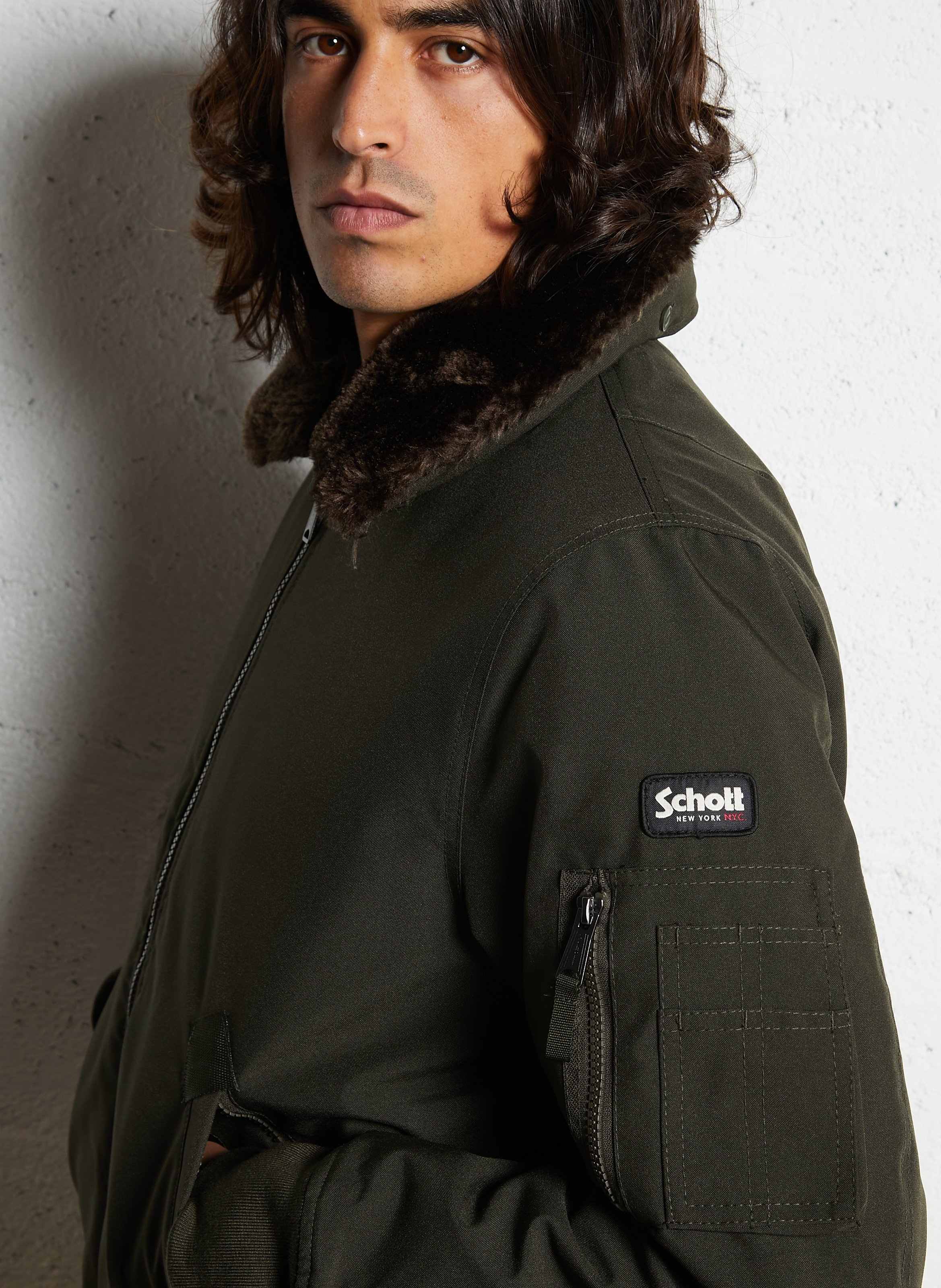 Blouson pilote ample uni à col fourrure SCHOTT Marron