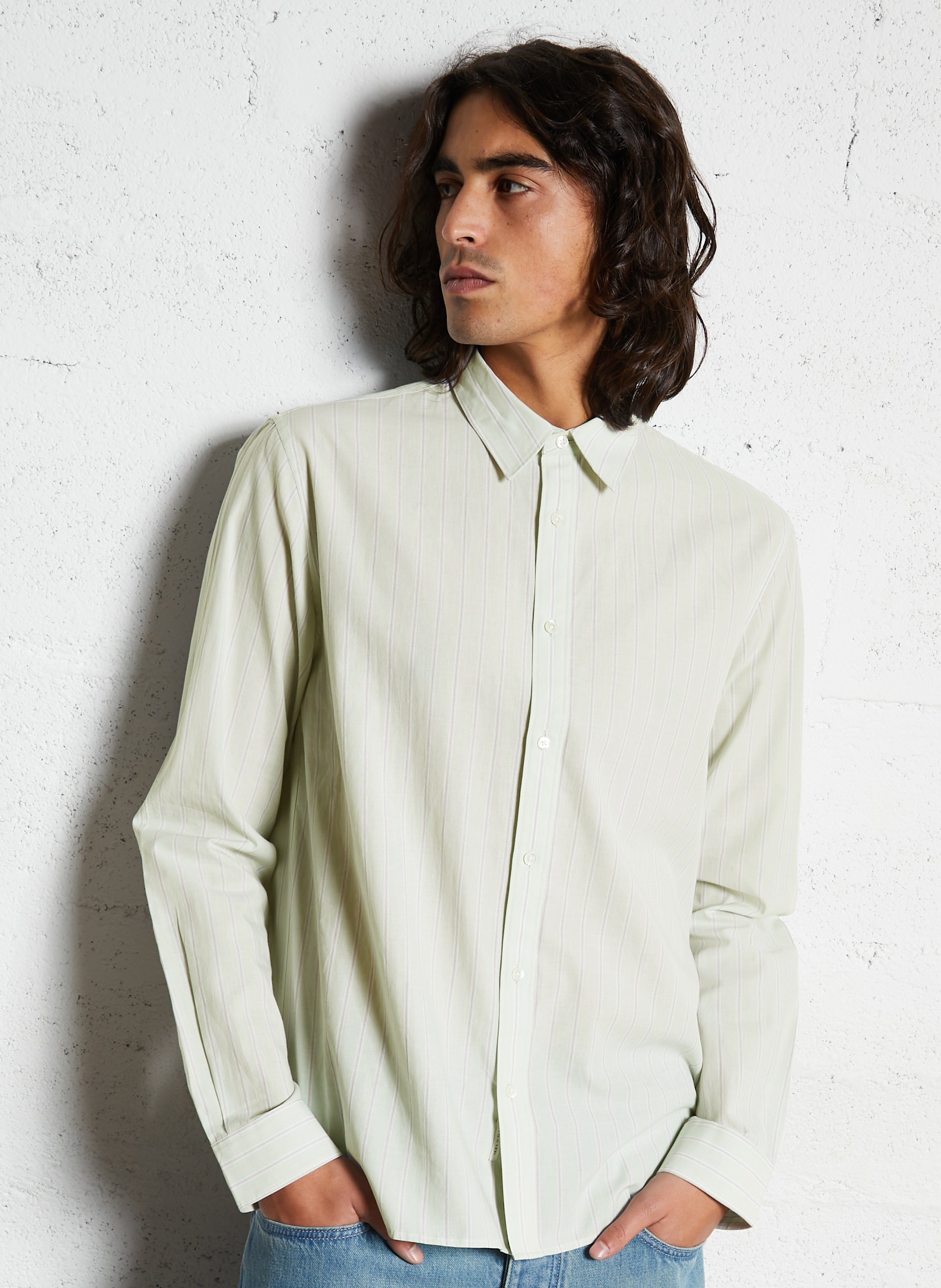 Straight shirt with a Parisian collar, striped in cotton IKKS Green
