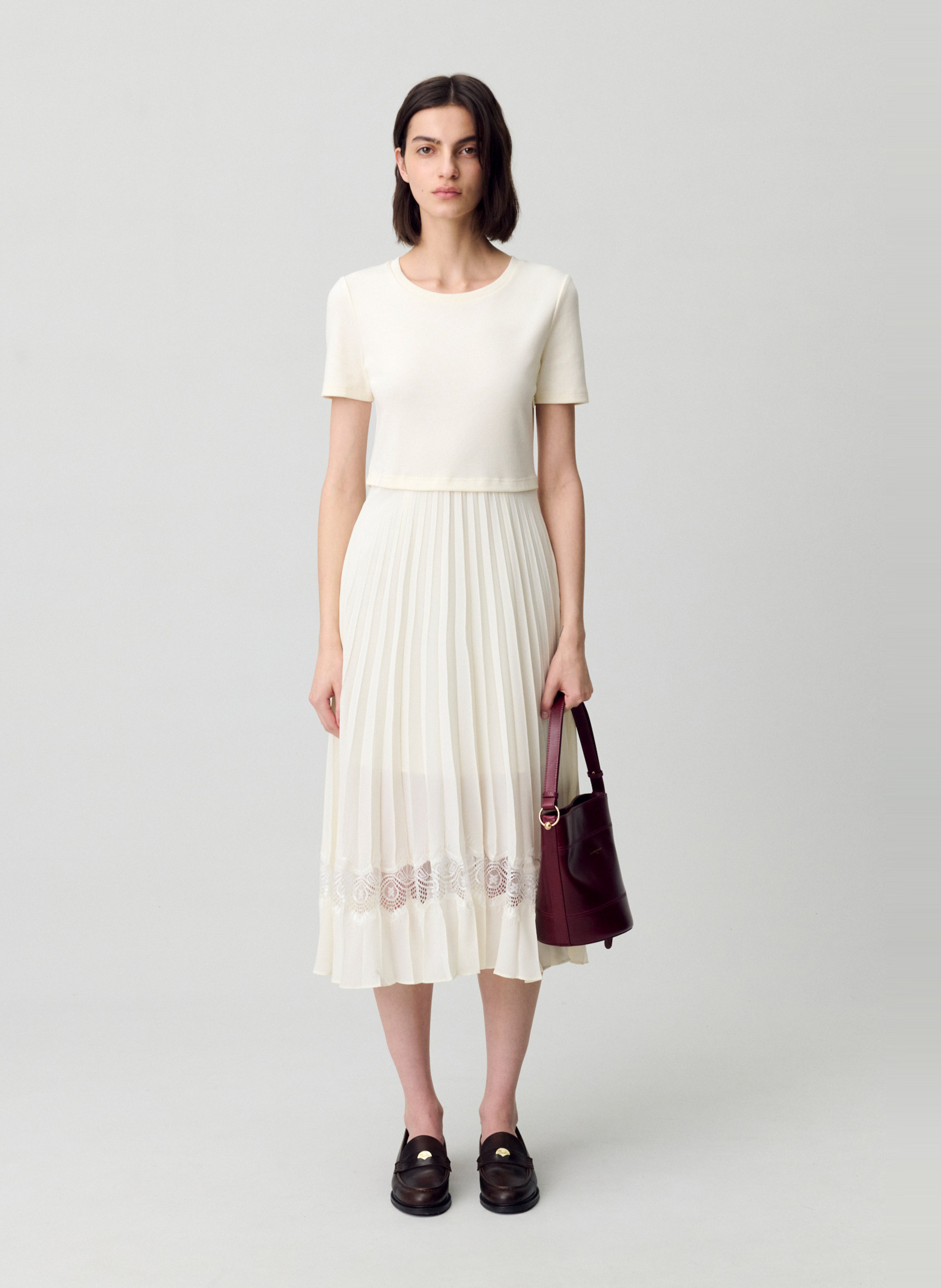 Robe midi col rond bi-matière plissée en coton  CLAUDIE PIERLOT Blanc