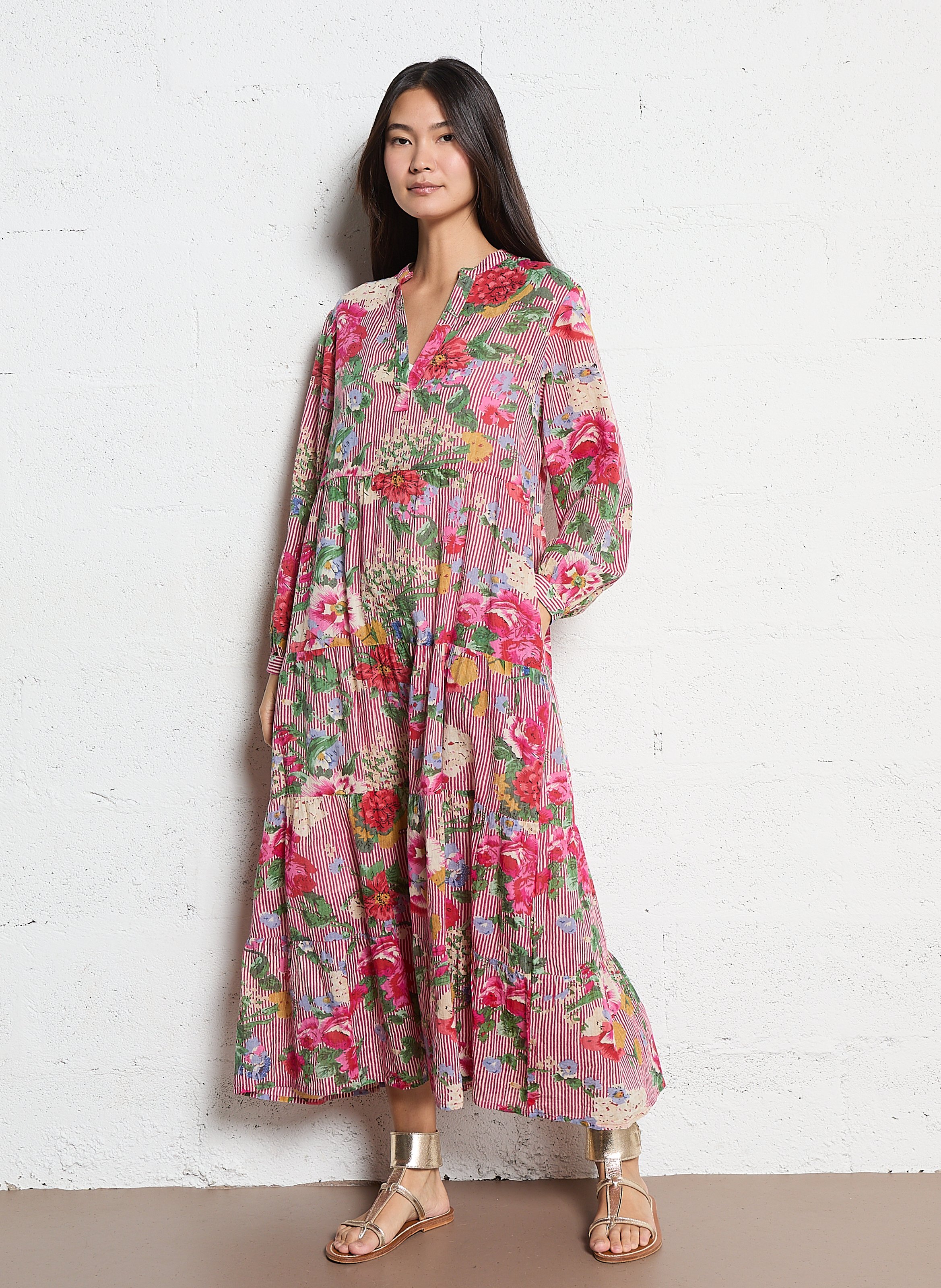 Maxikleid aus Baumwolle mit Henley-Ausschnitt und Print MAISON HOTEL Rot