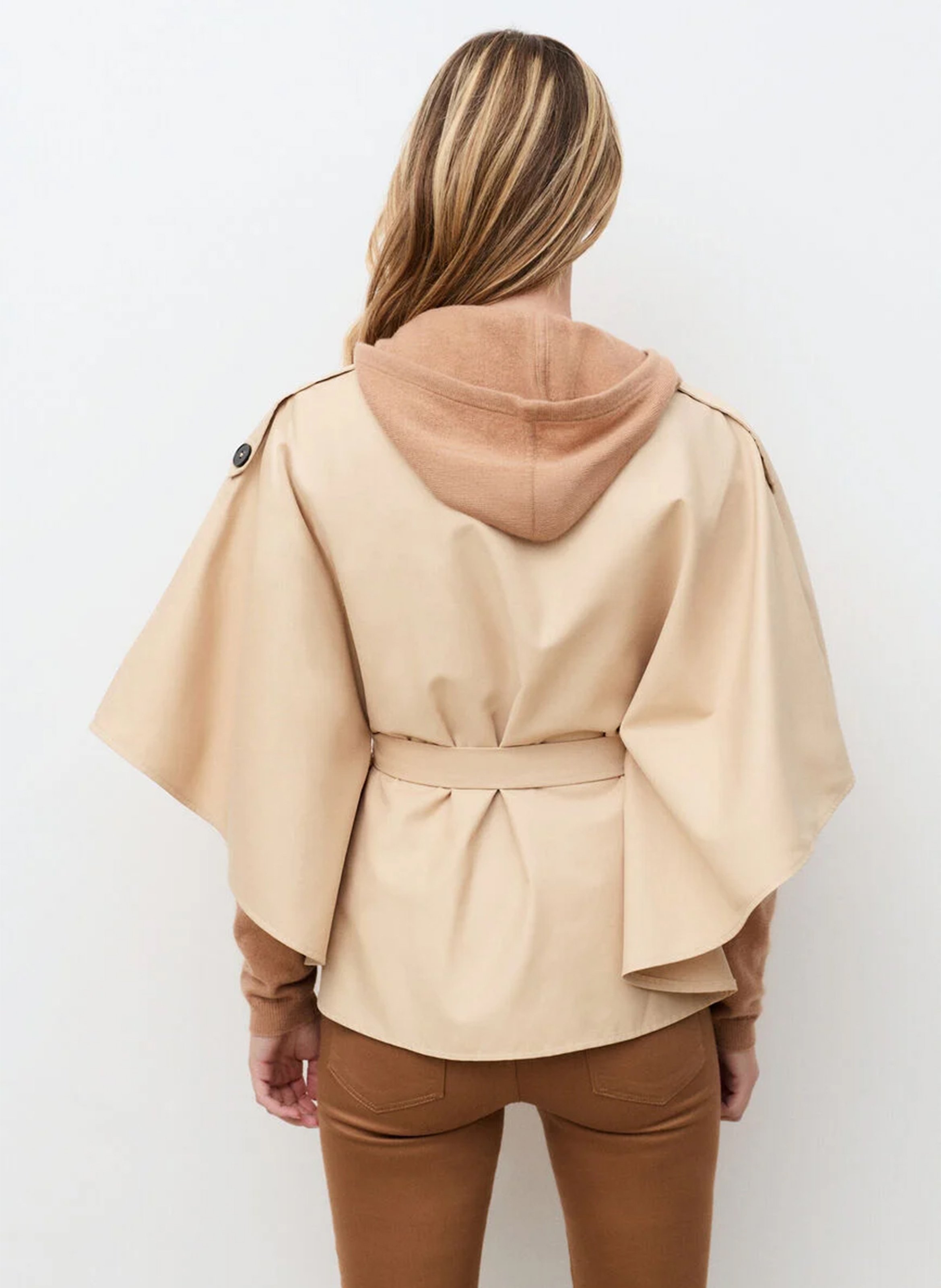 Fitted belted poncho with tailored collar in blended cotton CAROLL Beige