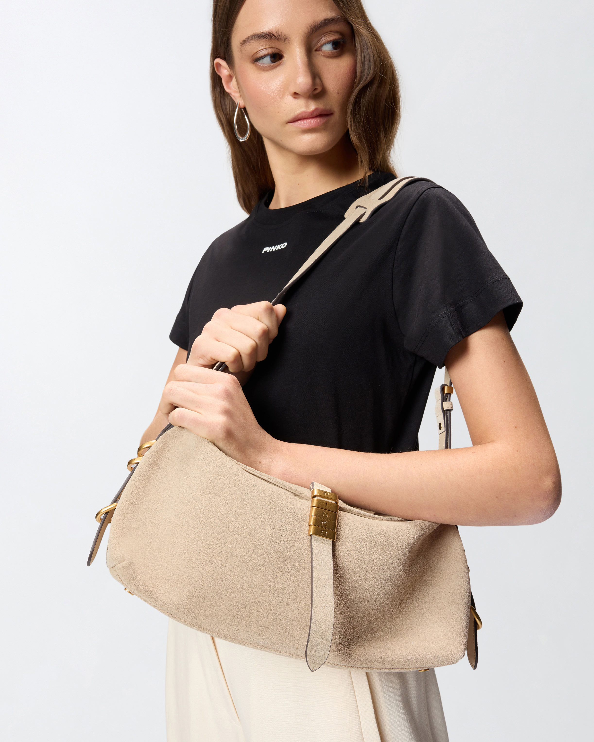 Medium suede saddle bag shoulder bag PINKO Beige