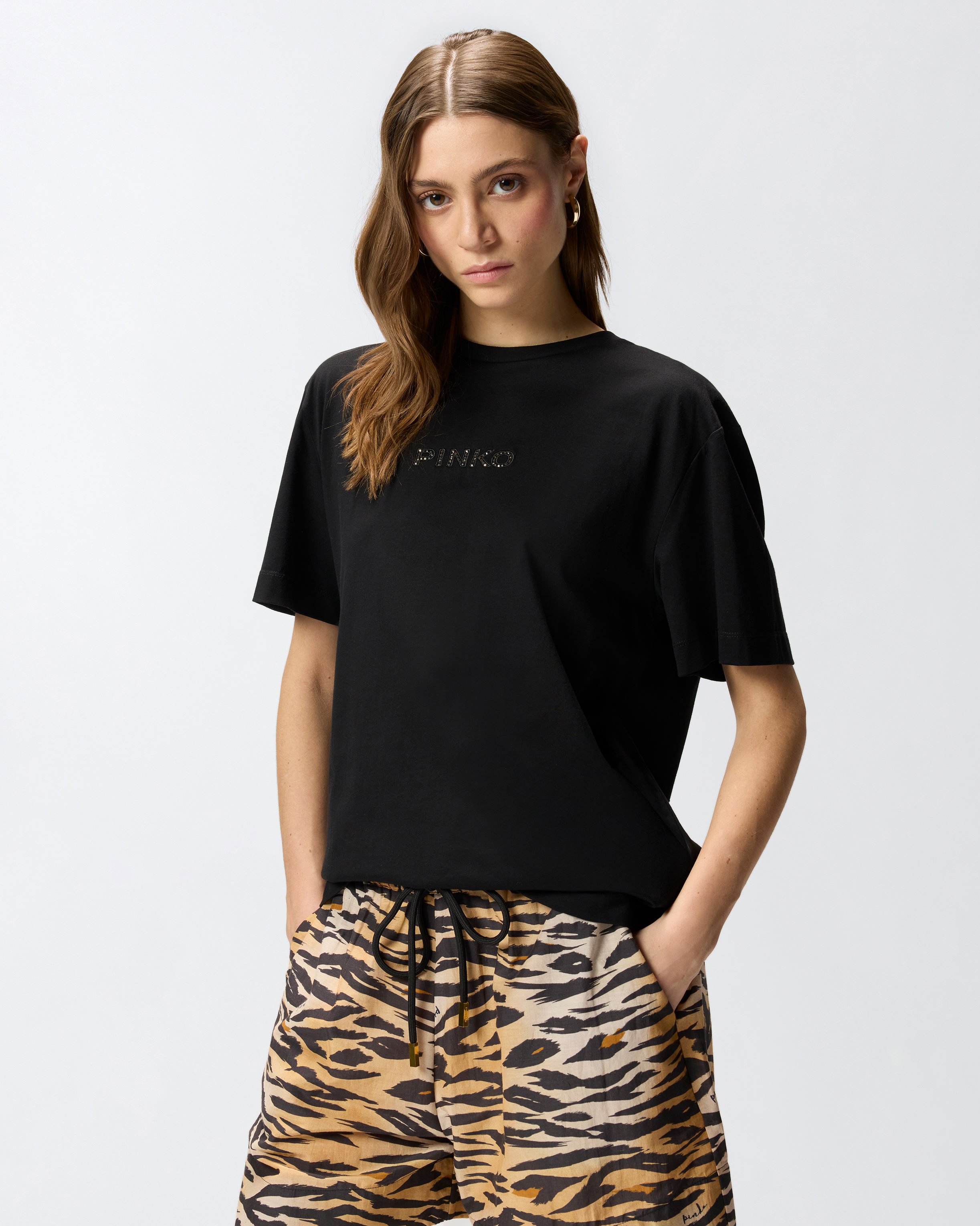 T-shirt more strass less stress PINKO Noir